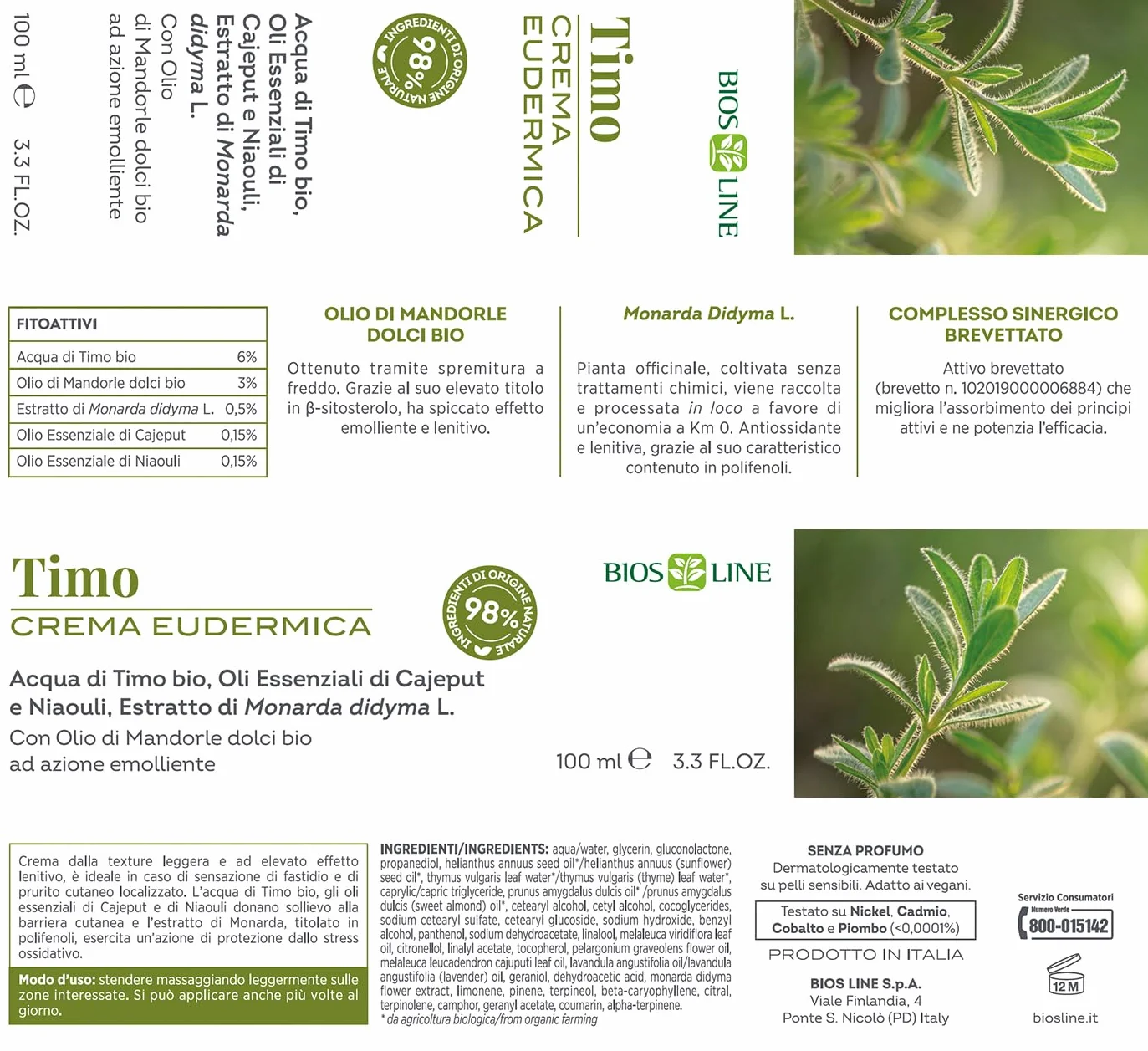 BIOS LINE Crema Eudermica Timo, Crema Lenitiva per Punture Insetti, Impurità Cutanee con Estratto di Monarda, 100 ml
