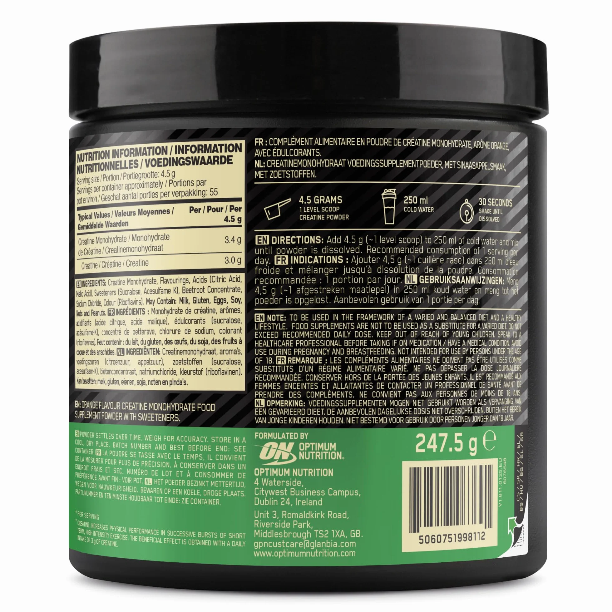 Optimum Nutrition Creatina Micronizzata in Polvere, Gusto Arancia, 247.5g, 55 Porzioni