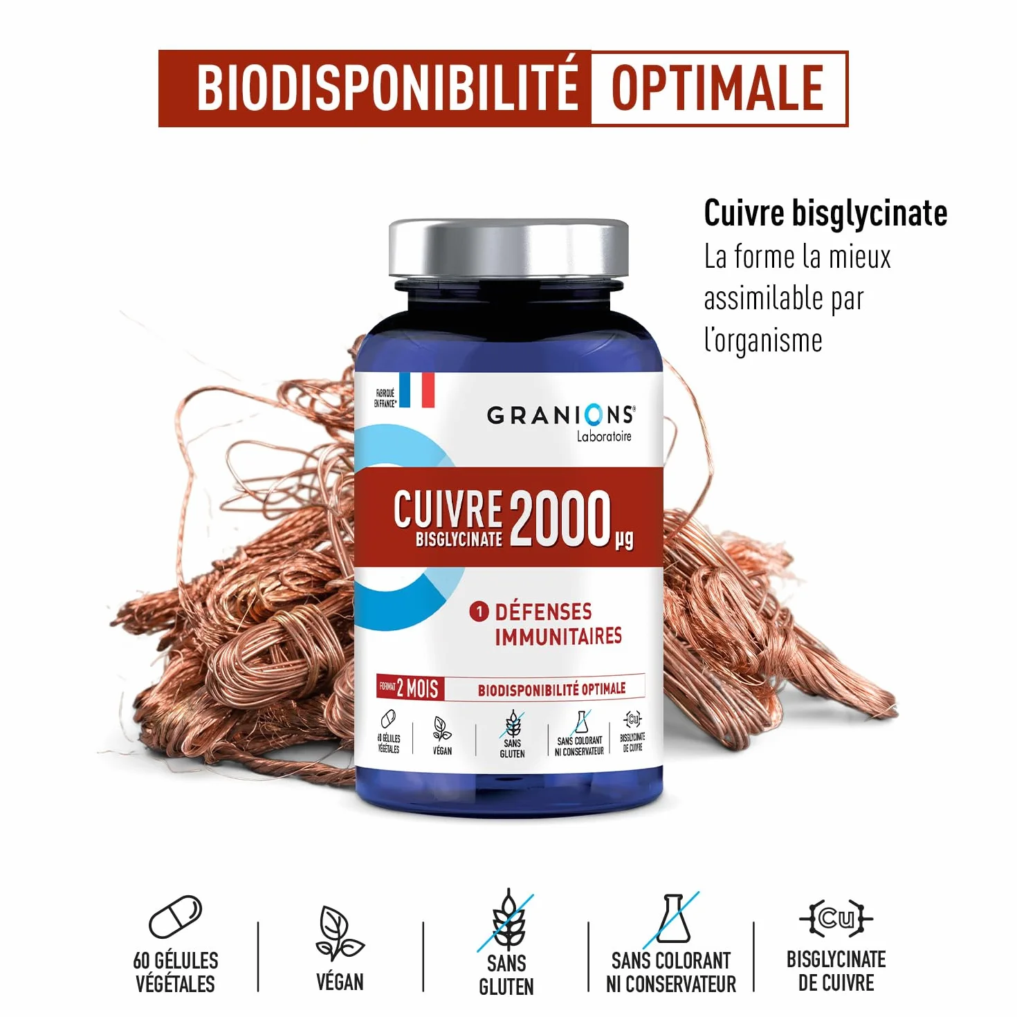 Granions Rame Bisglicinato 2 Mg - 200% Dell'Apporto Raccomandato - Biodisponibilità Ottimale - Difesa Dell'Immunità - 21.9 g