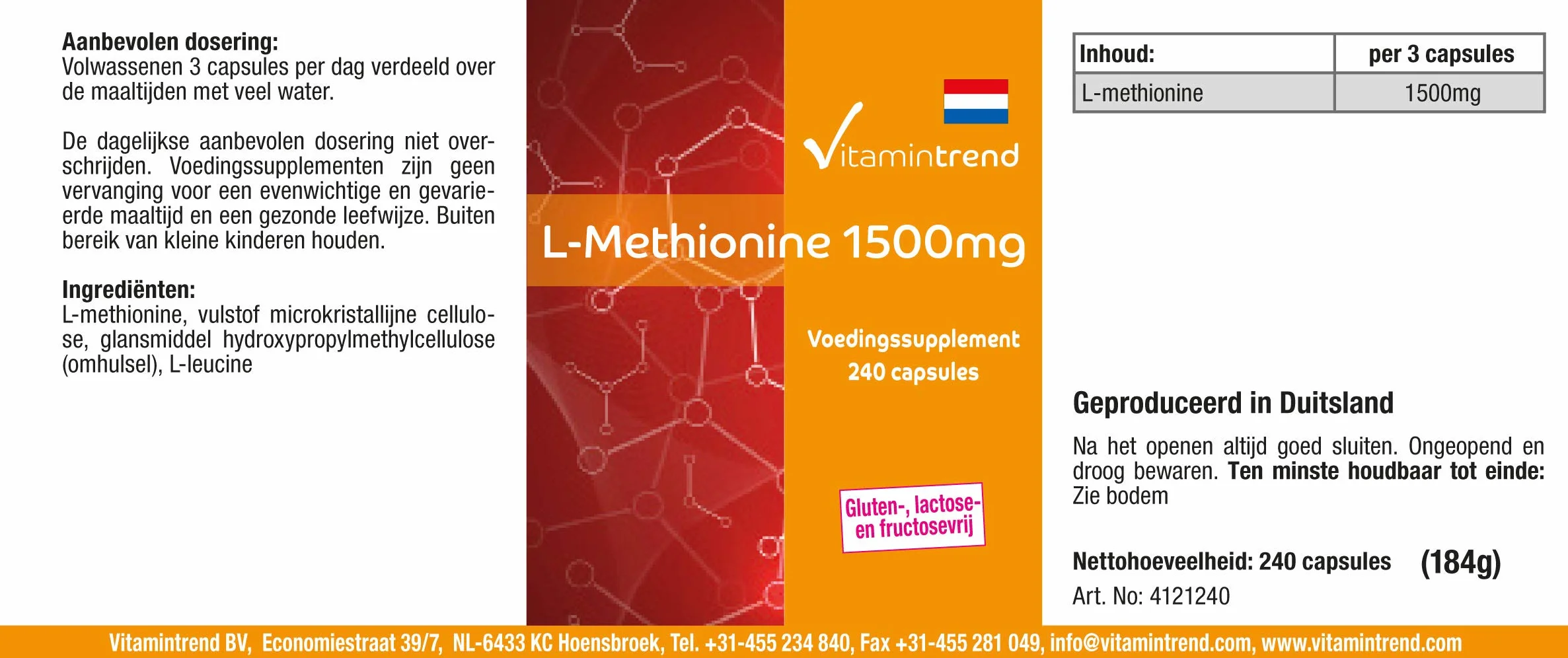 Vitamintrend L-Metionina 1500 mg per dose giornaliera, 240 capsule, ad alto dosaggio, integratore alimentare vegano senza magnesio stearato, prodotto in Germania