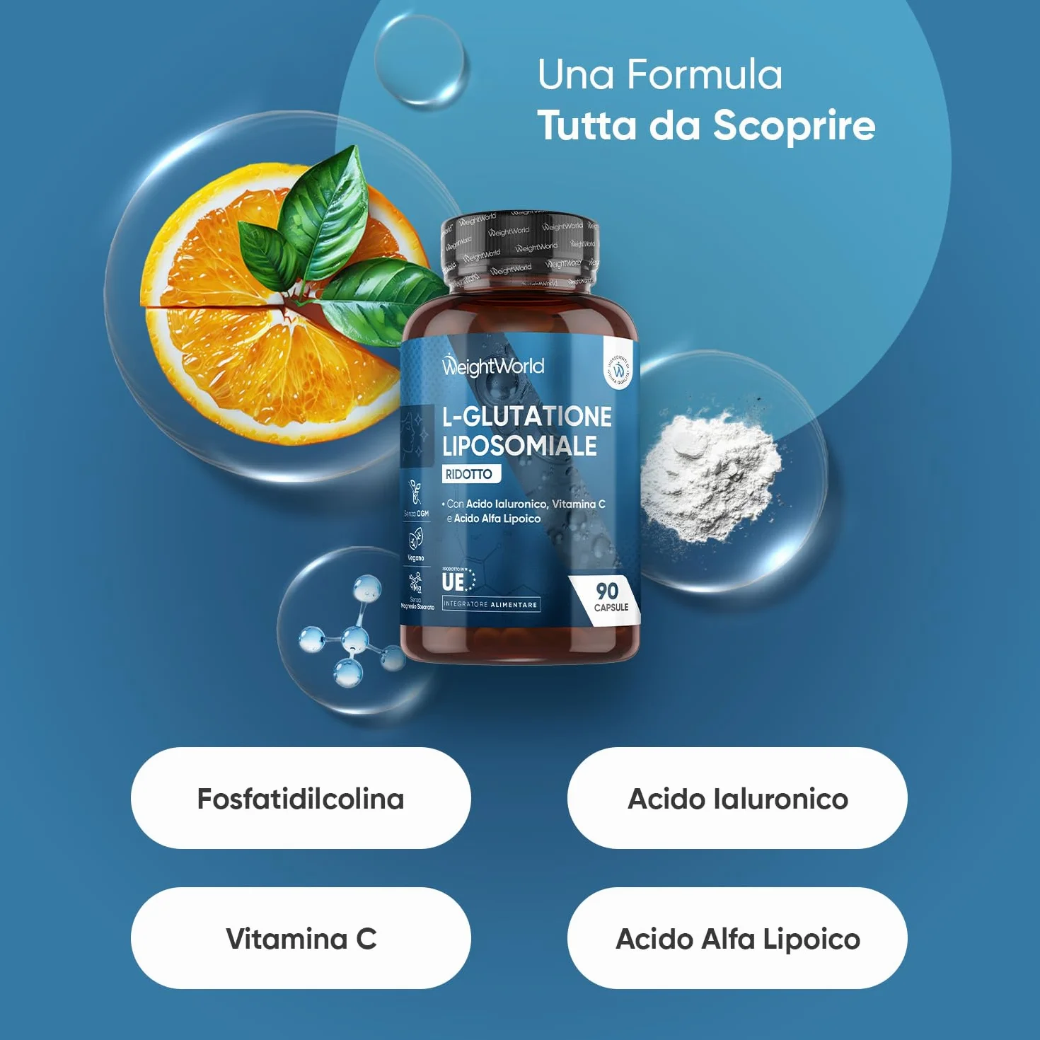 Glutatione Liposomiale Ridotto, 90 Capsule Vegane, Vitamina C, Acido Alfa Lipoico, Acido Ialuronico, La Vitamina C Contribuisce Alla Protezione Delle Cellule Dallo Stress Ossidativo (EFSA), Senza OGM