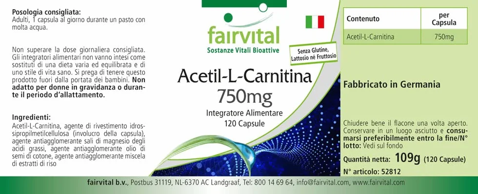 fairvital Acetil-L-carnitina ad alto dosaggio, 750 mg, ALTO DOSAGGIO, VEGANO, 120 capsule
