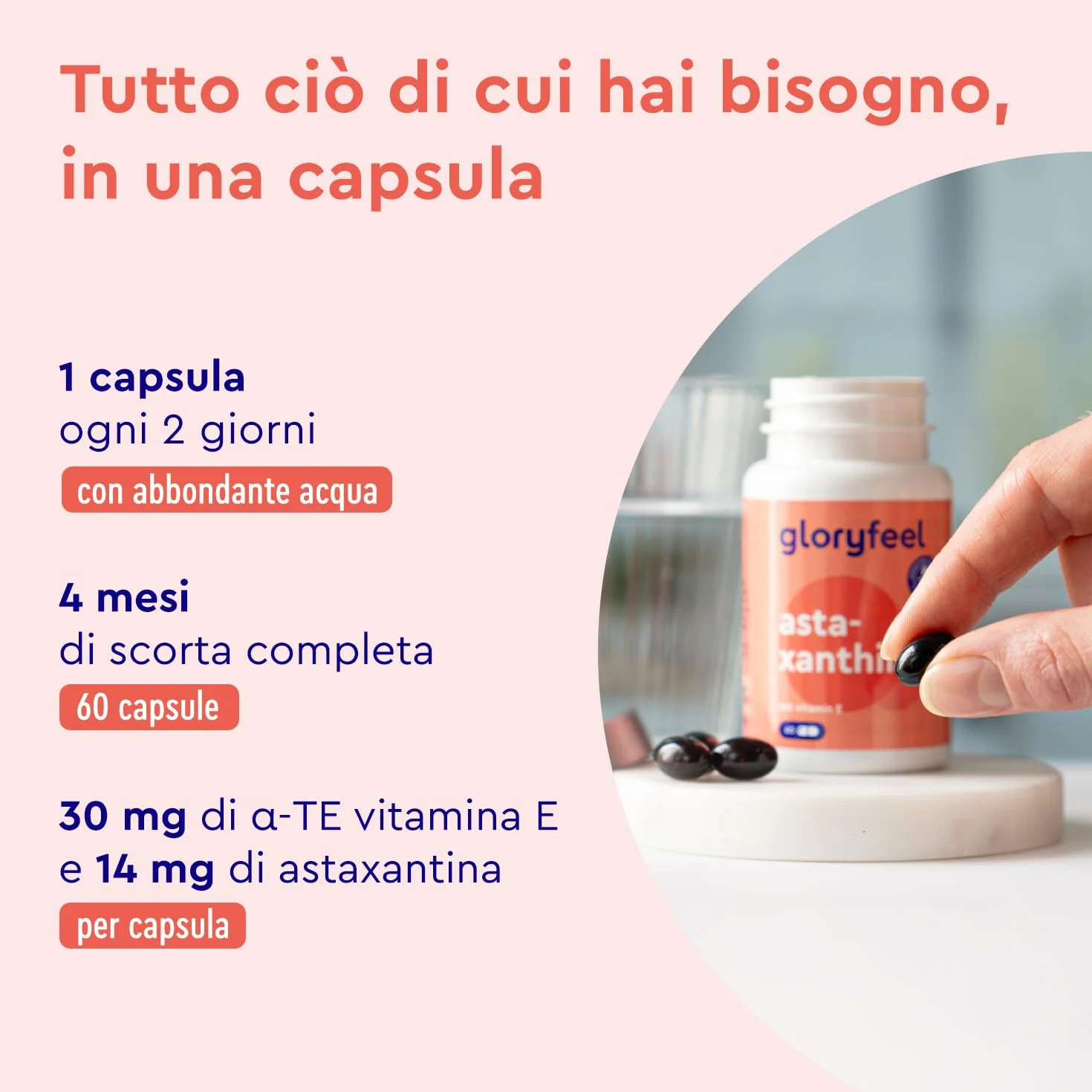 Astaxantina Naturale 14 mg 60 Capsule Haematococcus Pluvialis Estratto 190 mg Alto Dosaggio Vitamina E
