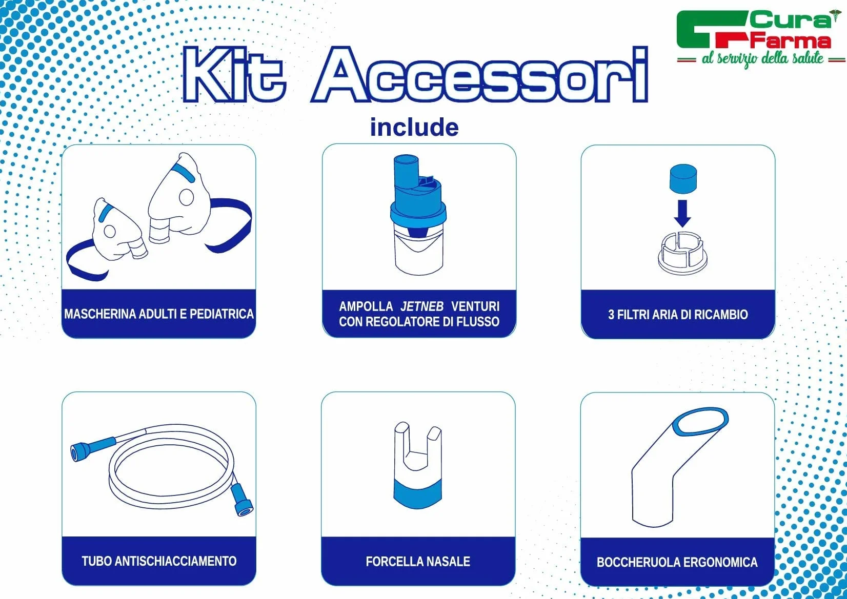 CURA FARMA CuraNeb Kit Ricambio Universale per Aerosol a Pistone con Ampolla, Mascherina Adulti e Bambini, Tubo, Forcella, Boccheruola Compatibile Nebula Aerosol Microlife, Dispositivo Medico CE