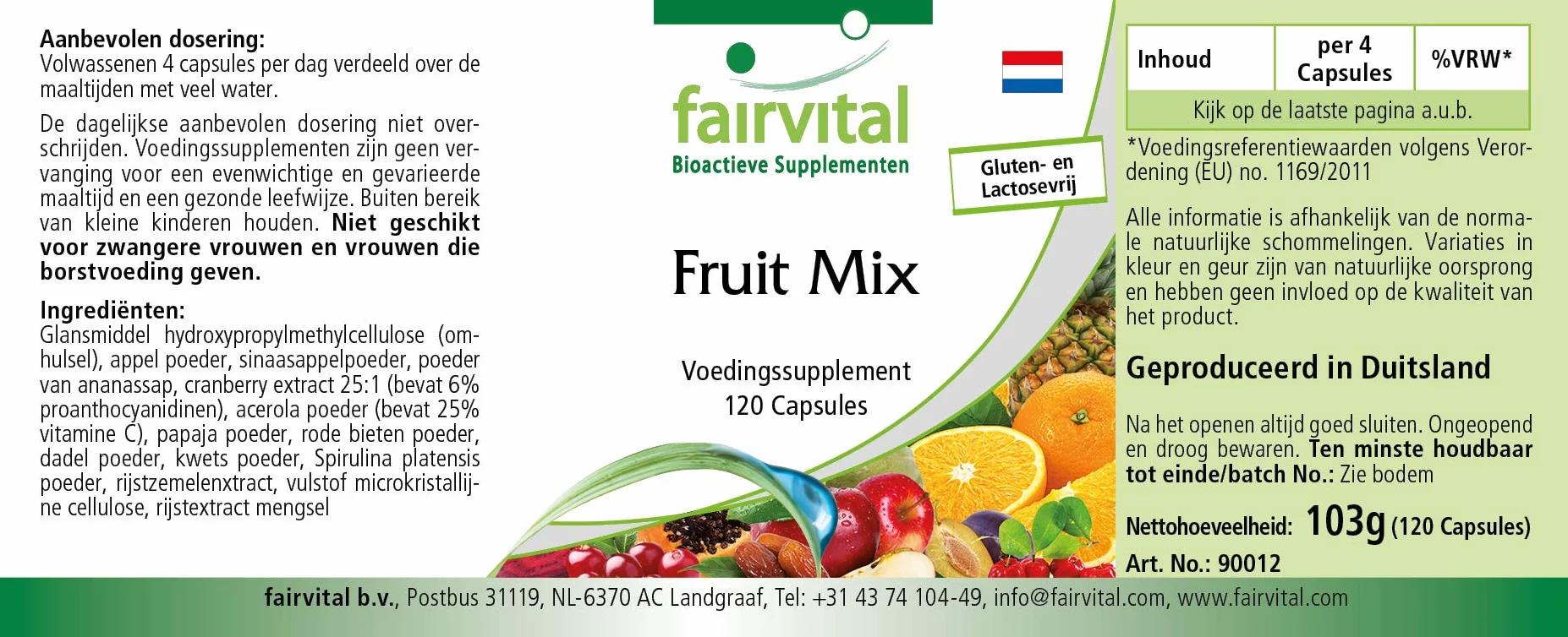 Fairvital Mix di Frutta, 120 capsule, Vegano, Polvere Multivitaminica Naturale con Estratto di Mirtillo Rosso, Acerola, Spirulina