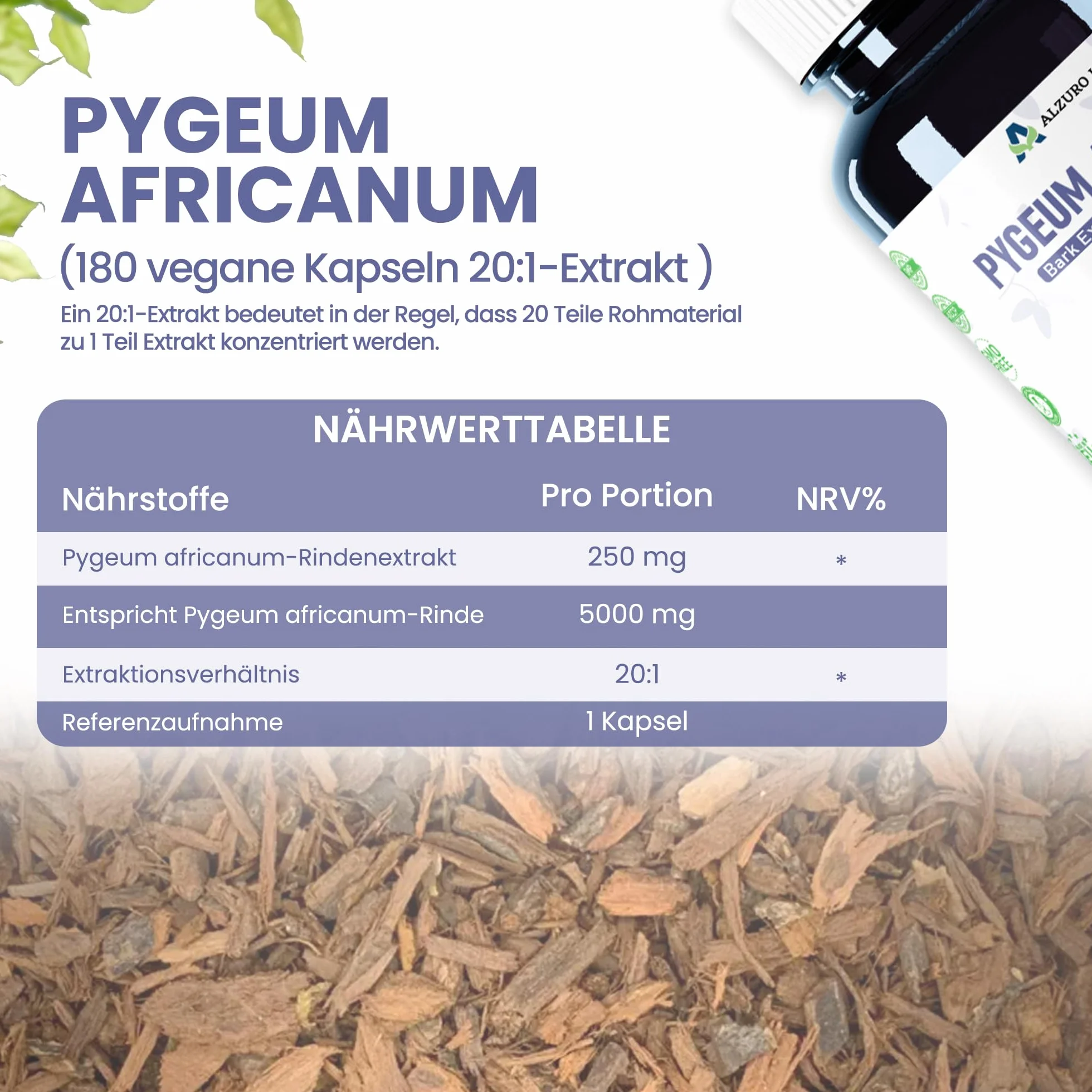Pygeum africanum 5.000 mg equiv. 20:1 estratto corteccia 250 mg 13% fitosteroli 180 capsule vegane Benessere maschile