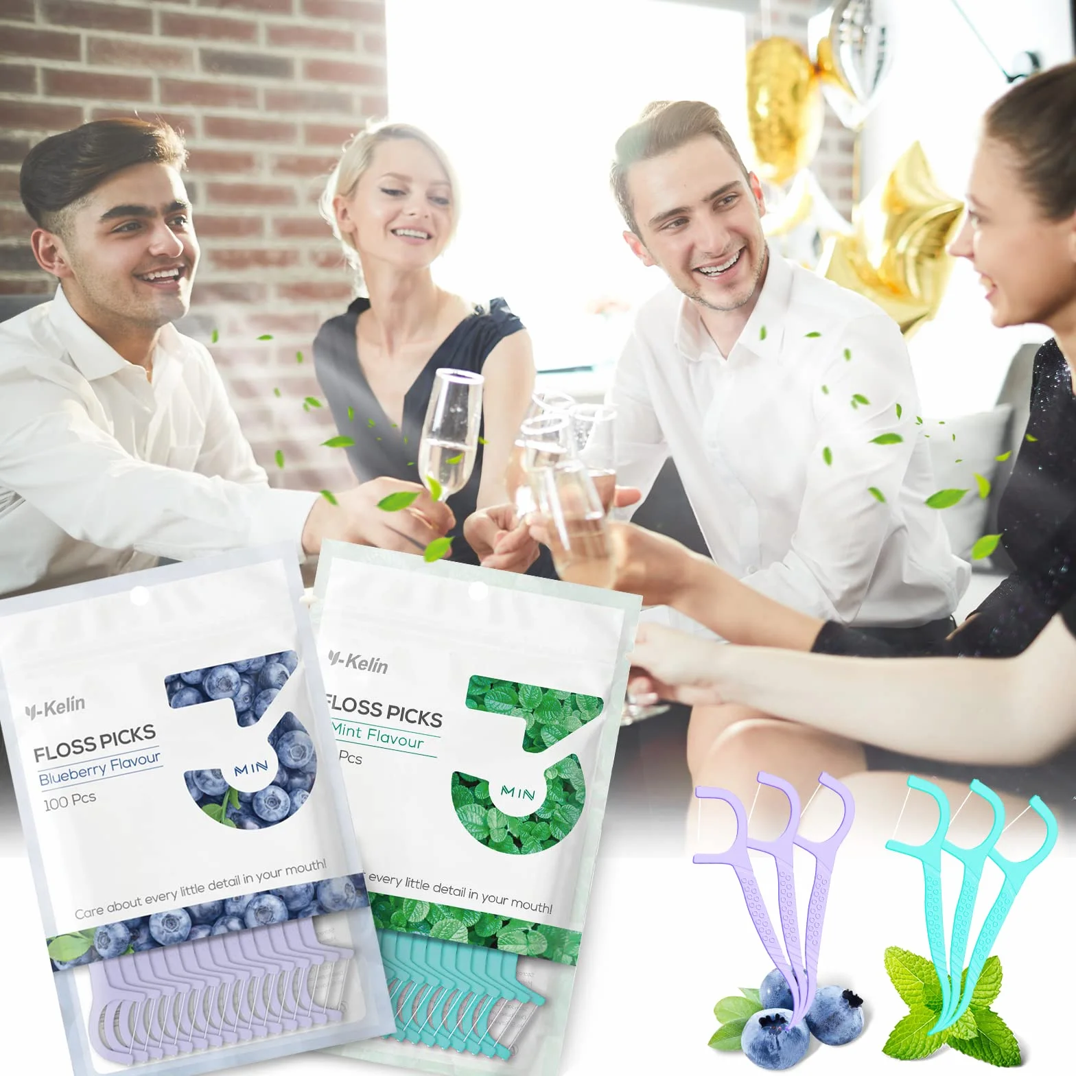 Y-Kelin Dental Floss-100 pezzi di filo interdentale stuzzicadenti, bastone per denti, plettri per denti, filo interdentale, pulizia dei denti (menta, 100 pezzi)