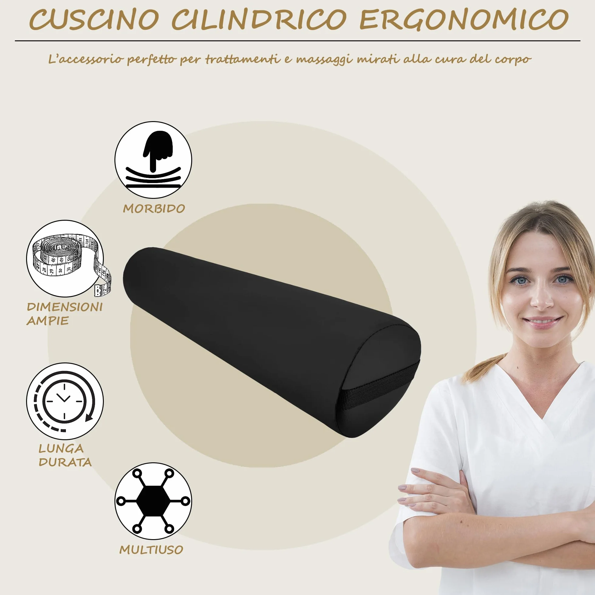 Beltom CUSCINO CILINDRICO ROTONDO PER MASSAGGIO e FISIOTERAPIA NERO