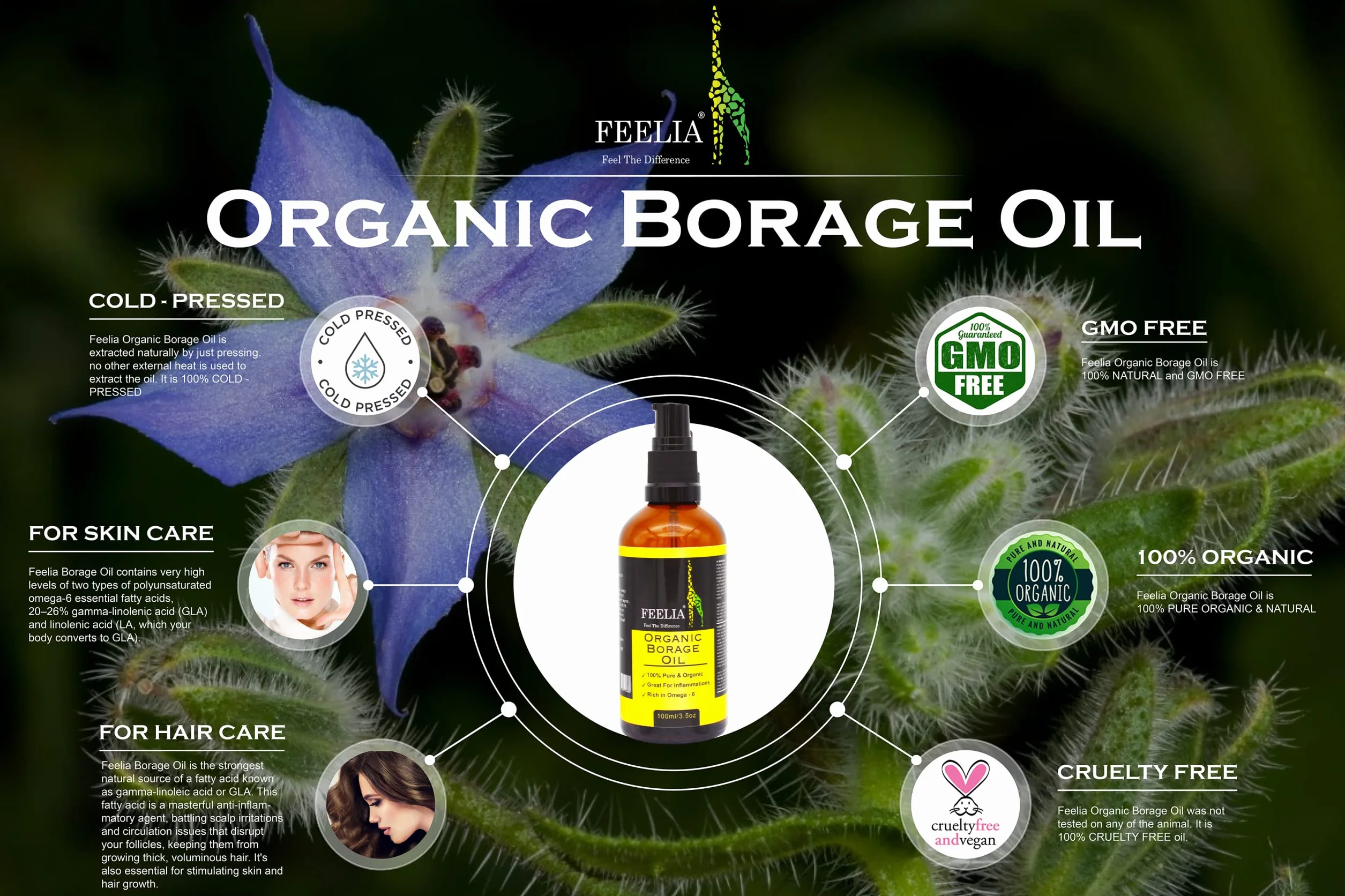 Feelia Olio di borragine organico spremuto a freddo ricco di Omega 6 100% puro