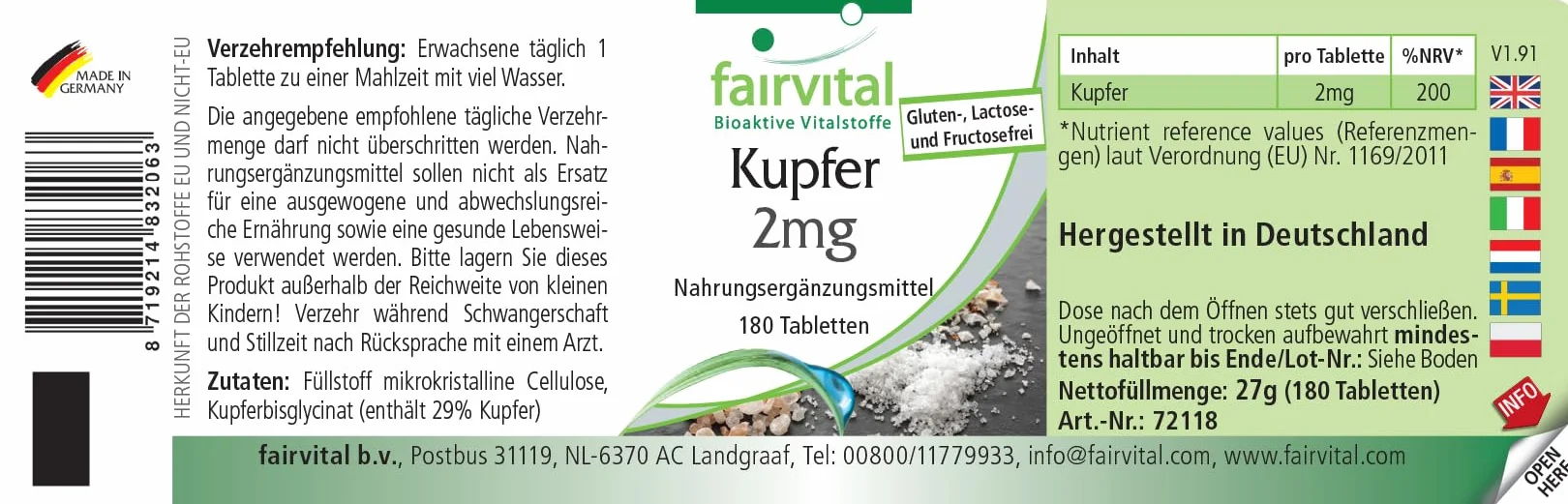 fairvital Rame 2 mg, 180 compresse, facili da deglutire, bisglicinato di rame, qualità testata e ad alto dosaggio, 100% vegano, Made in Germany