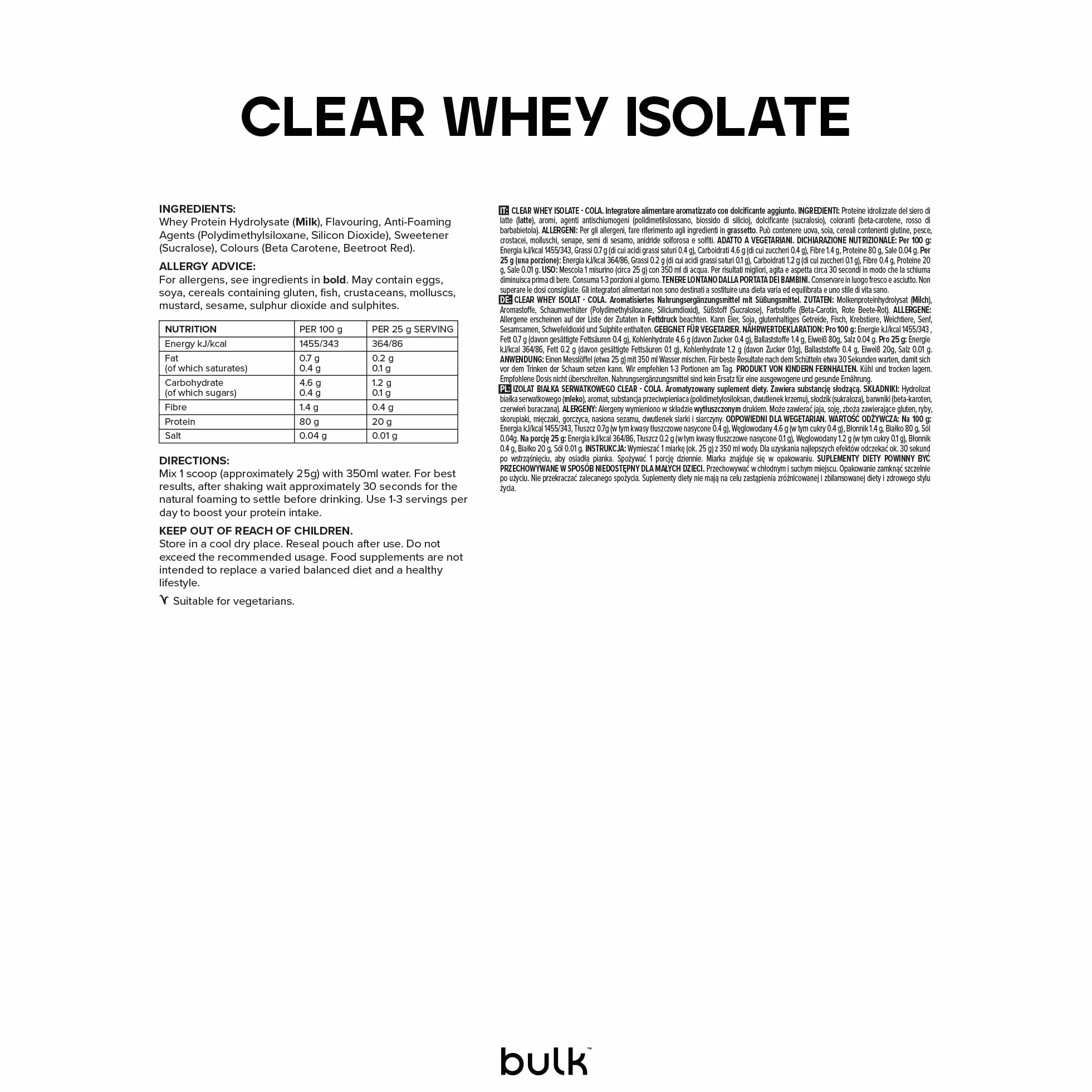 Bulk Clear Whey Isolate, Cola, 20g di proteine a rapido assorbimento, Basso contenuto di zuccheri, Frullato proteico leggero e fruttato, 20 porzioni
