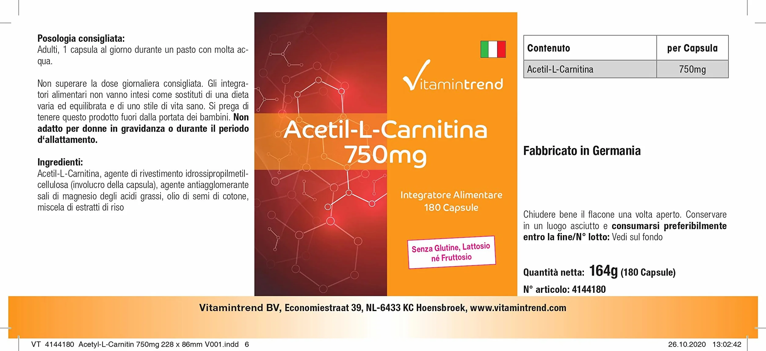 Vitamintrend Acetil-L-Carnitina 750 mg, 180 capsule, ad alto dosaggio, integratore alimentare vegano senza stearato di magnesio, prodotto in Germania