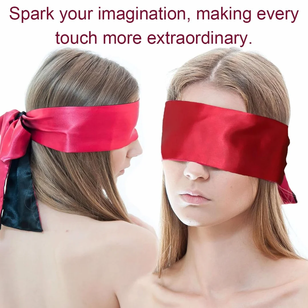 Benda giocattolo sessuale per coppie in raso, maschera bondage nero e rosso