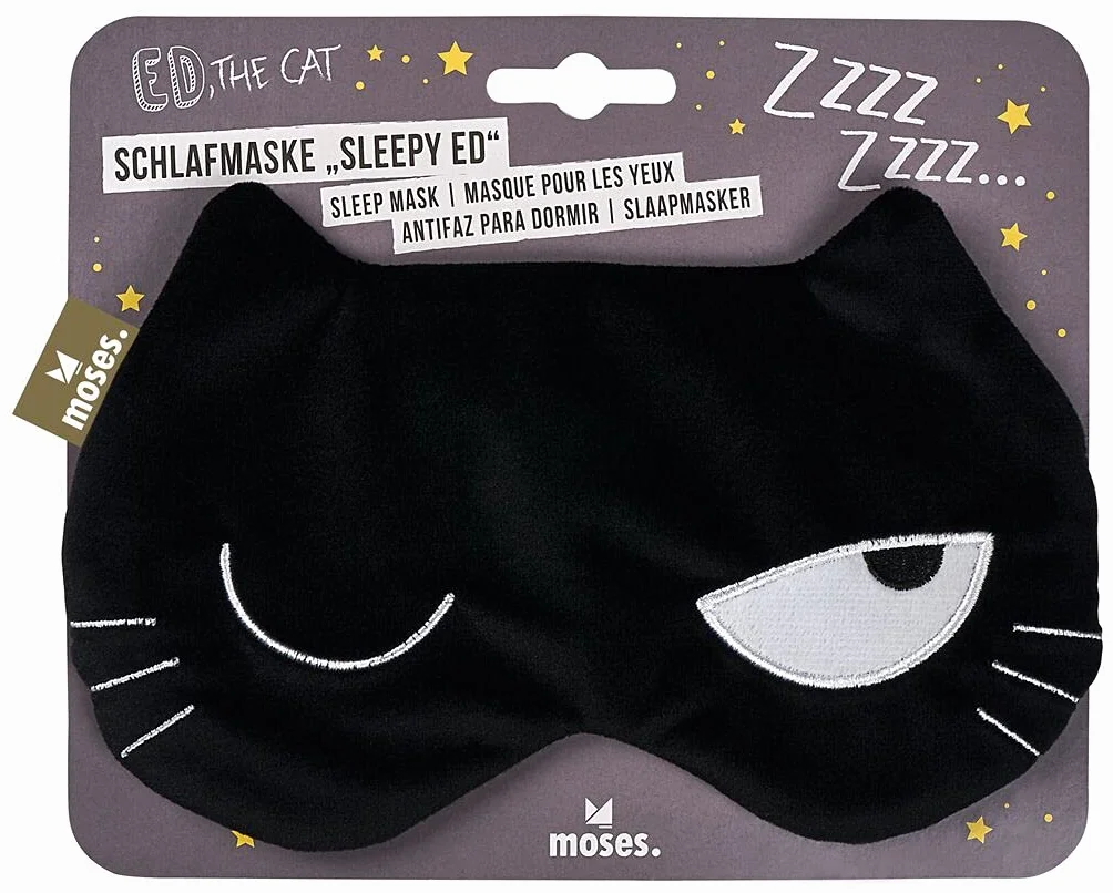 moses Ed the Cat - Mascherina per dormire Sleepy Ed, morbida maschera in jersey, con banda larga ed elastica