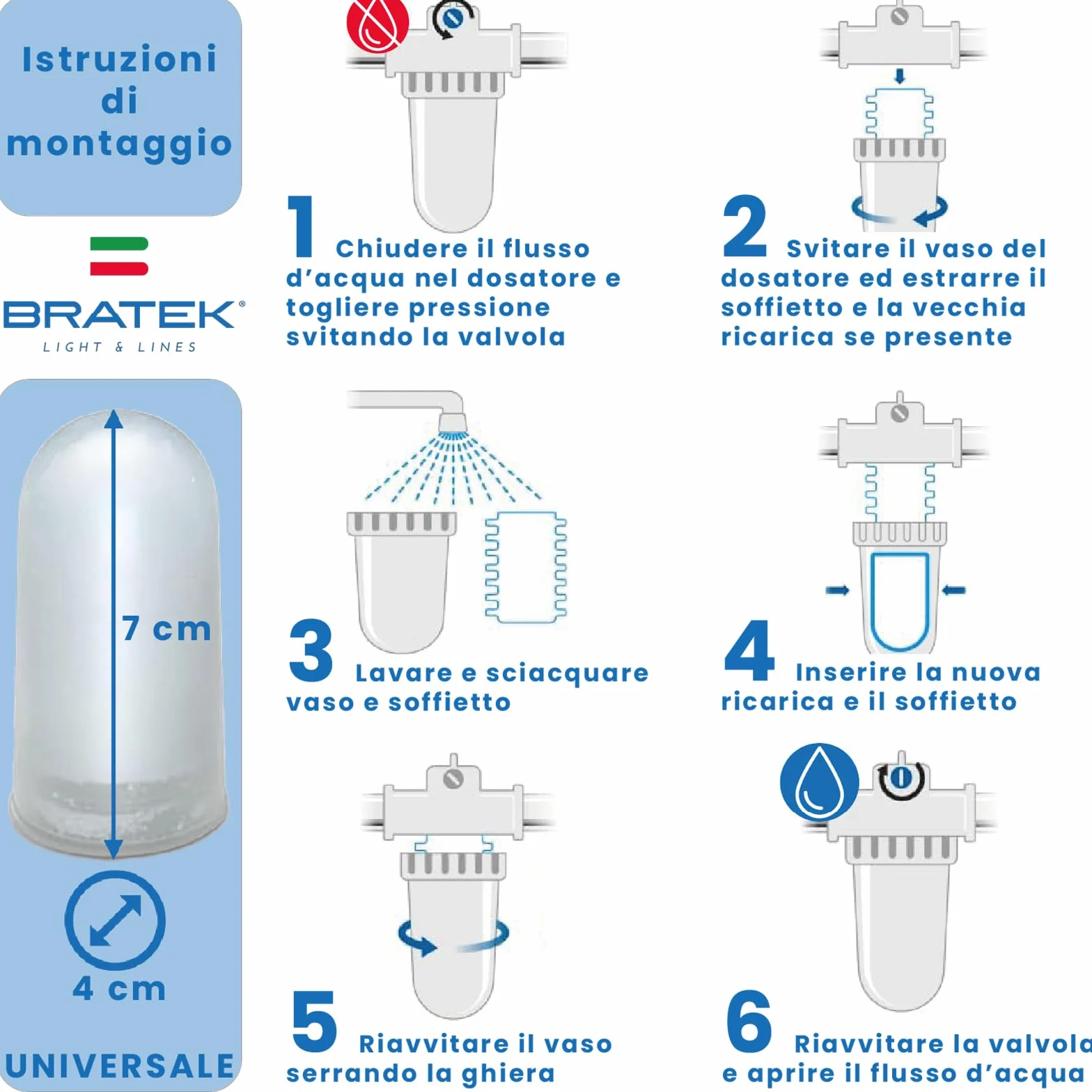 Bratek Polifosfati per Caldaia Ricarica Cartucce Universali Made in Italy - 6 Cartucce Dosatore Compatibili Filtro Anticalcare Standard
