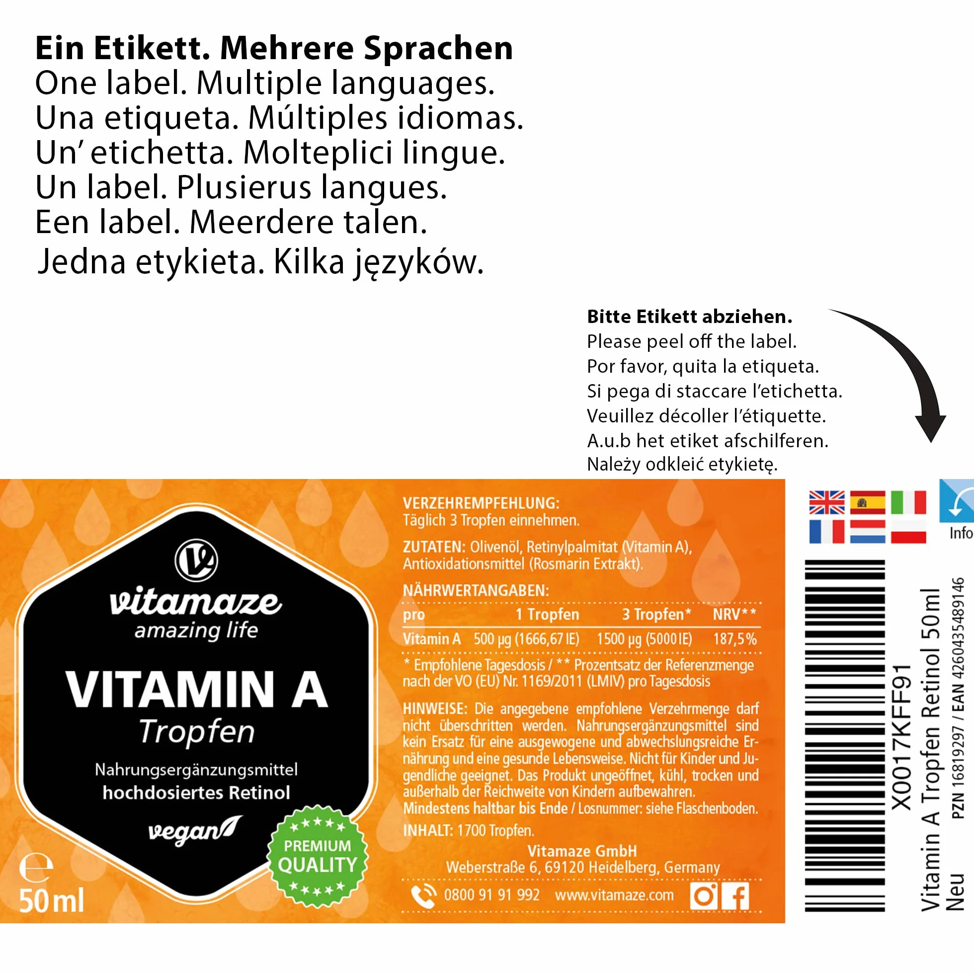 Vitamina A Gocce 5000 UI ad Alto Dosaggio per Dose Giornaliera, Retinolo Vegano & Liquido, 50 ml (1700 Gocce), Alta Biodisponibilità, Integratore Alimentare Naturale & Pura, senza Additivi