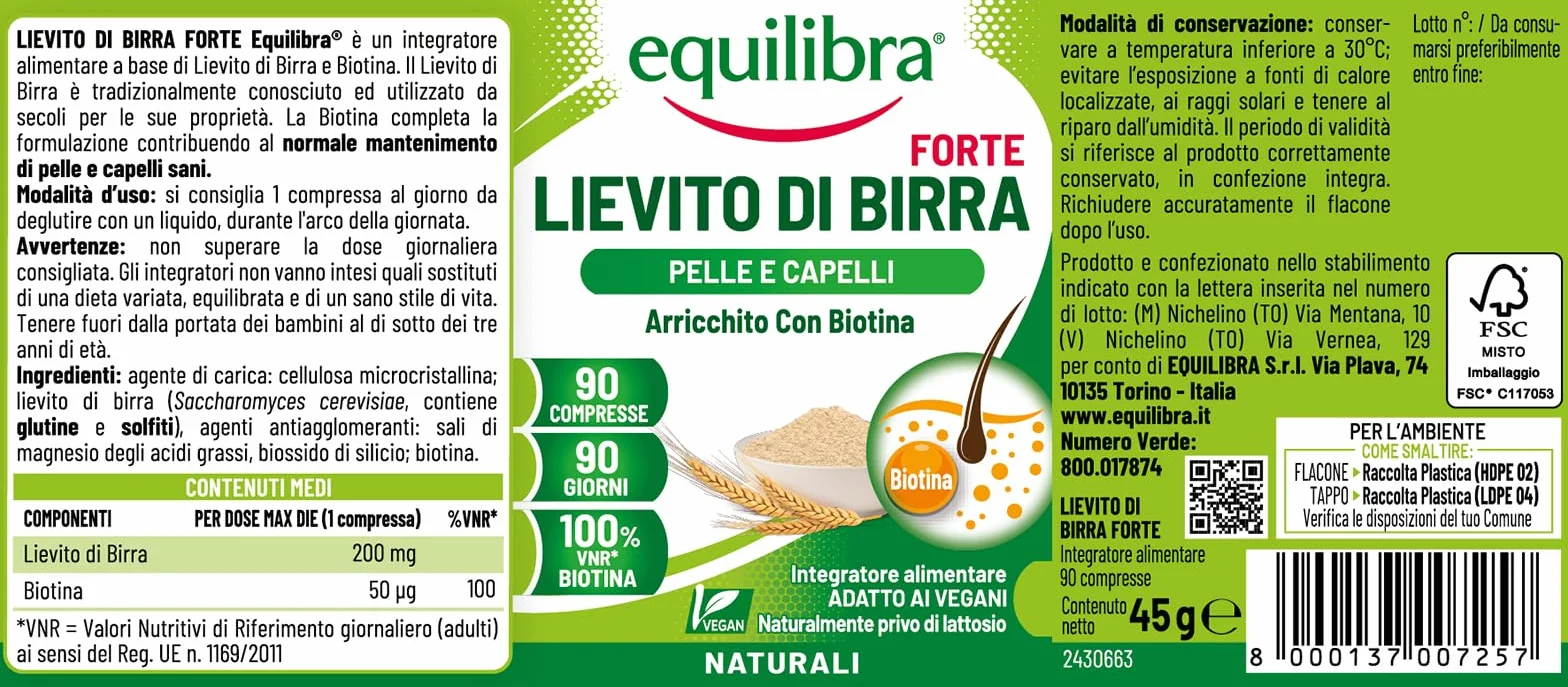 Equilibra Lievito di Birra Forte Integratore Capelli e Pelle con Biotina 90 Compresse