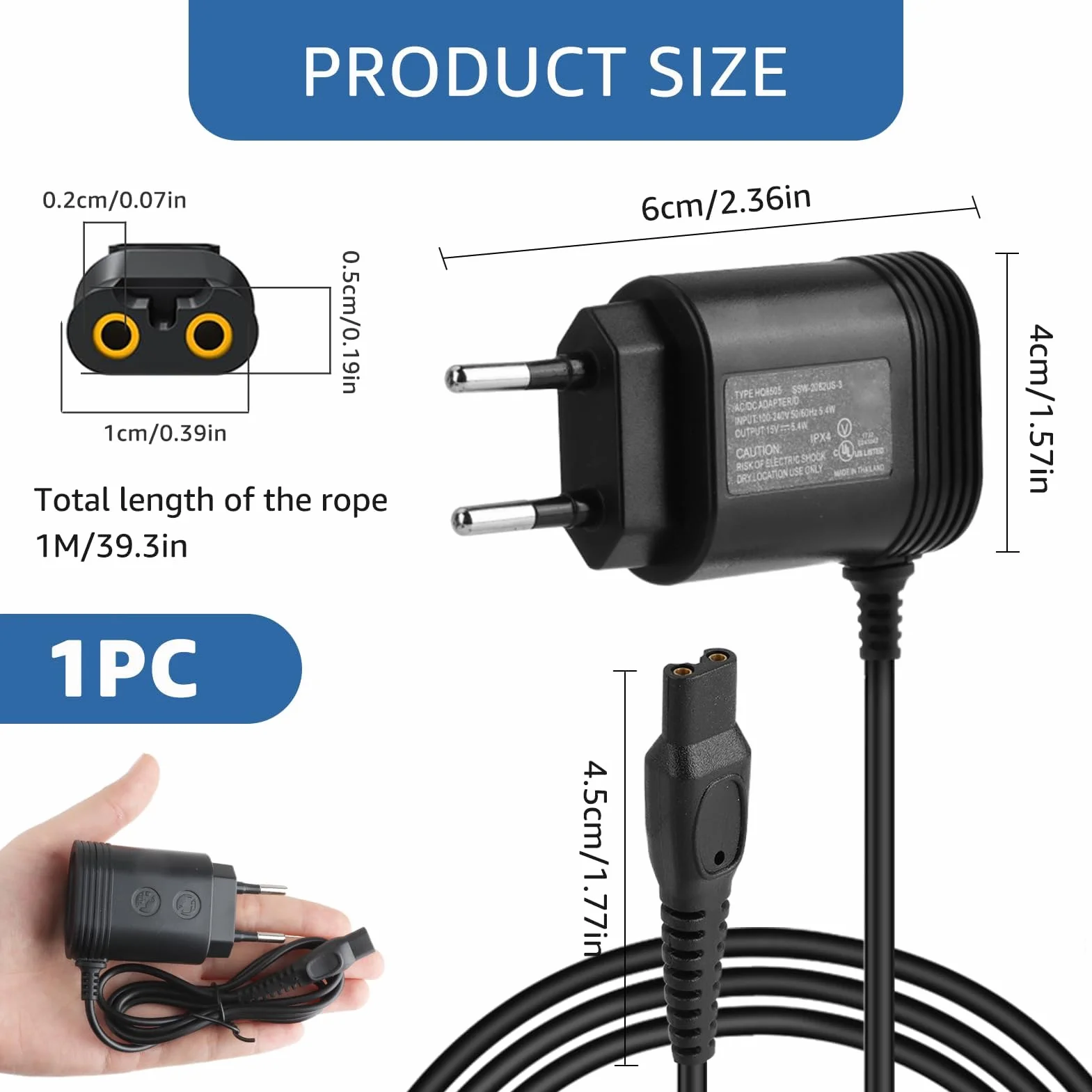 Caricabatterie Rasoio 15 V Compatibile con Philips HQ8505 MG7745 MG7730 MG7720 MG7710 QP6510 QP6520 QP6530 QP6541 QP6550 QP6620 QP6650 RQ HQ AT PT BT