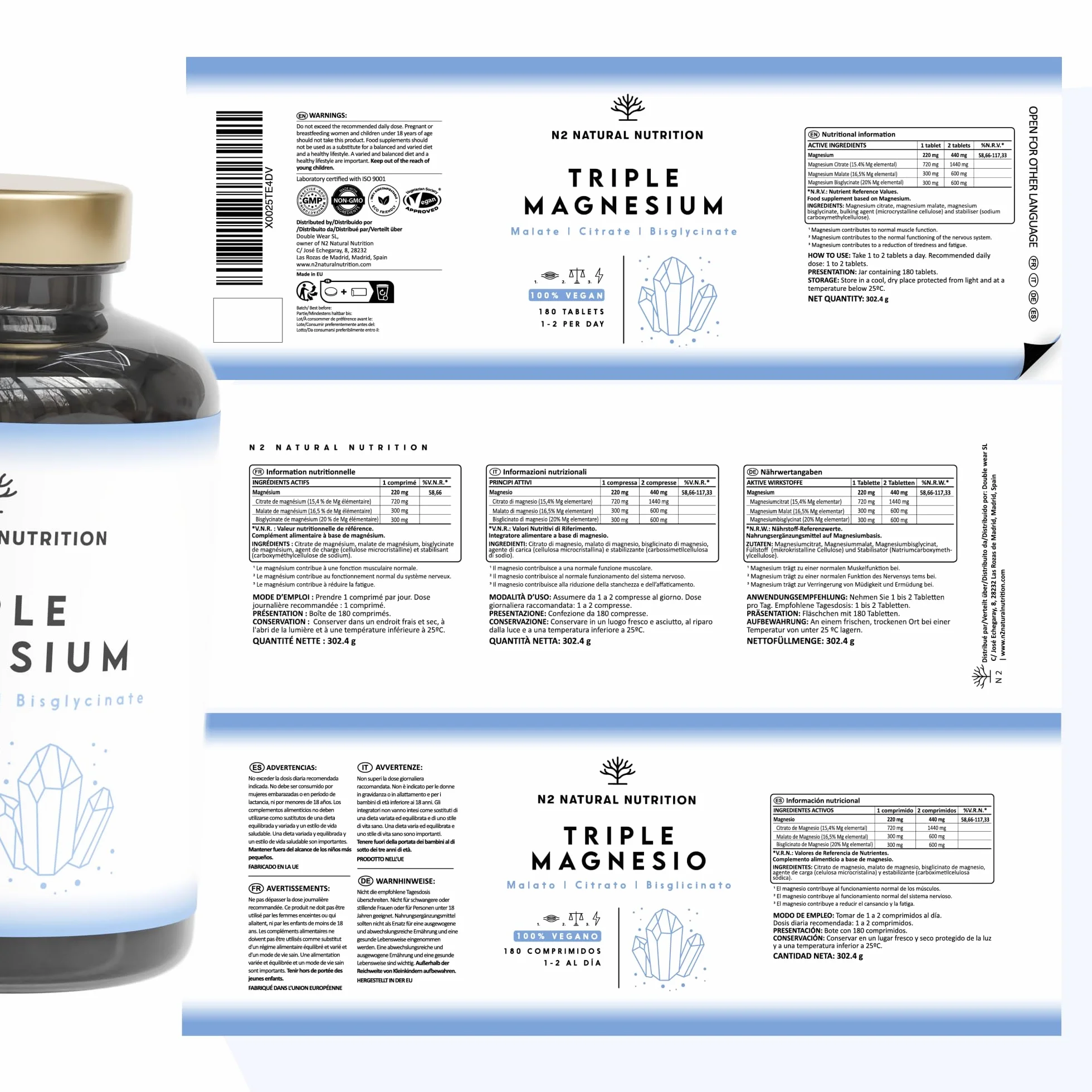 Triple Magnesio 2640 mg. Integratore Magnesio Bisglicinato + Magnesio Citrato + Magnesio Malato - Riposo, Energia, Ossa e Muscoli - Antistress - 440mg Elementare - 180 Compresse - N2 Natural Nutrition