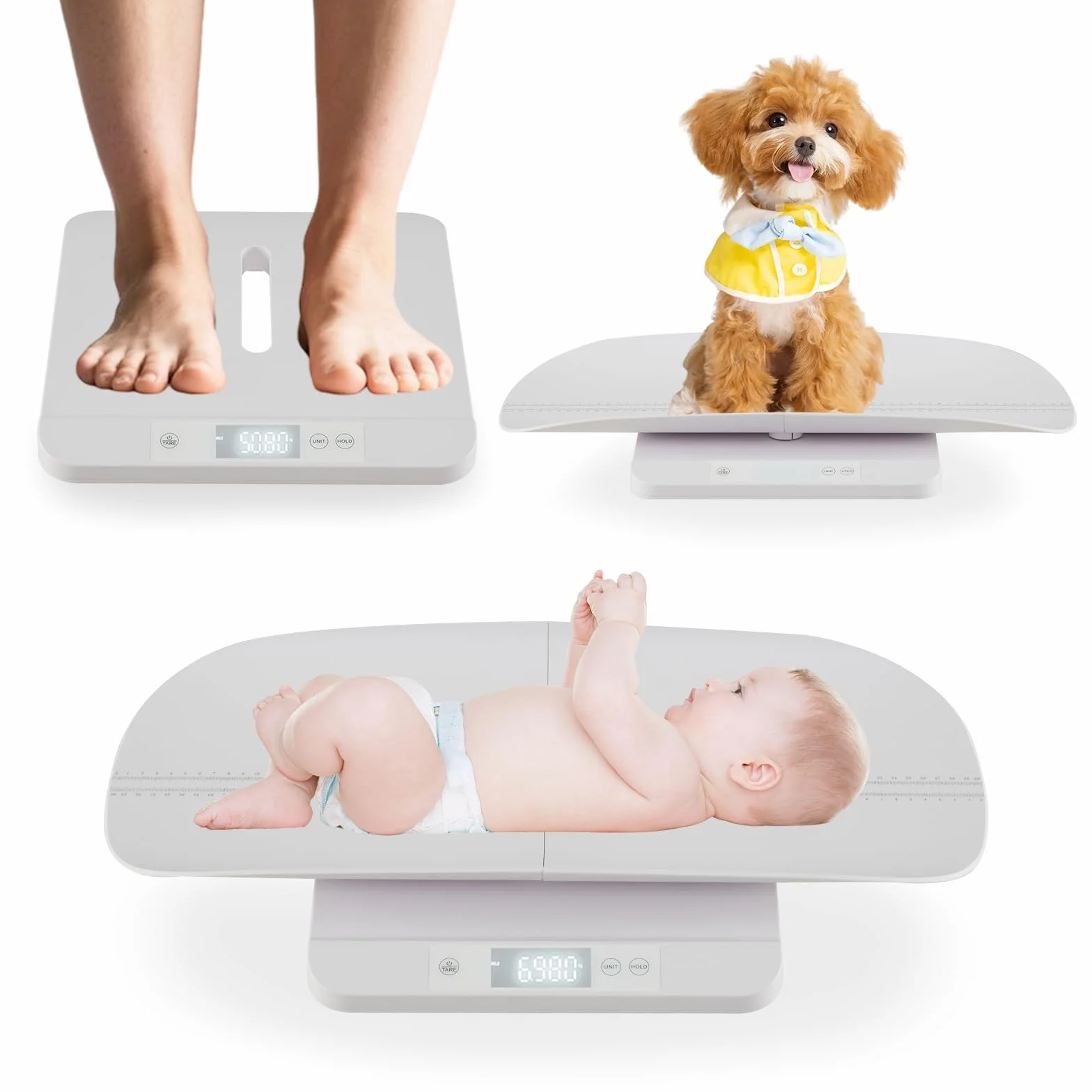 LIFEZEAL Bilancia Neonati 150kg con Misura Altezza, Schermo LED, Smontabile, Antiscivolo