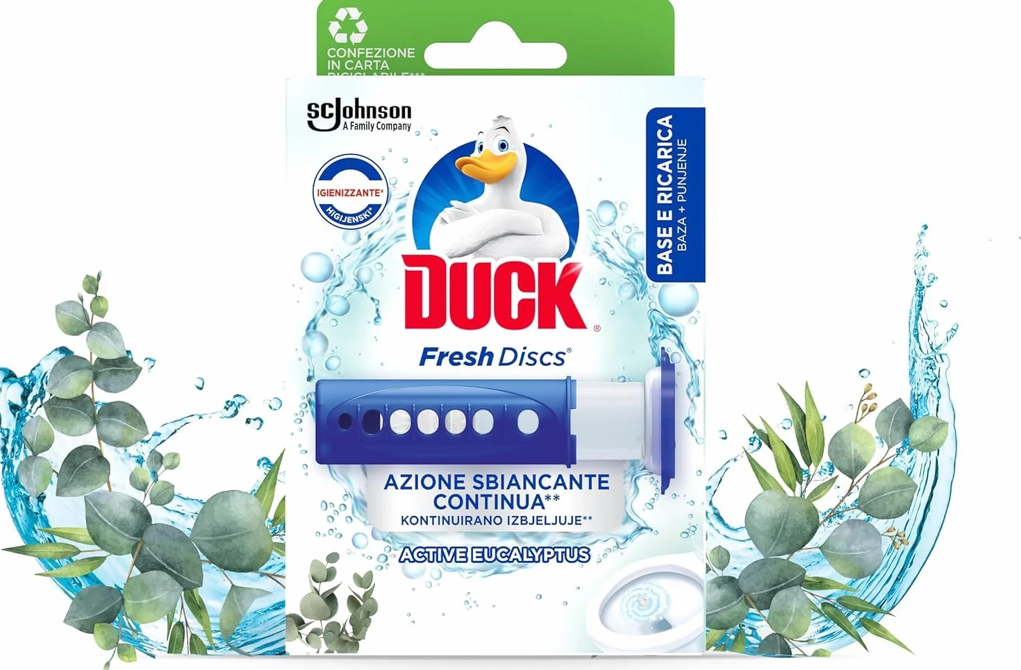 Duck Fresh Discs - Base per Dischi Gel Igienizzanti WC, Fragranza Eucalipto con agenti candeggianti - Confezione da 1 Applicatore e 6 Dischetti