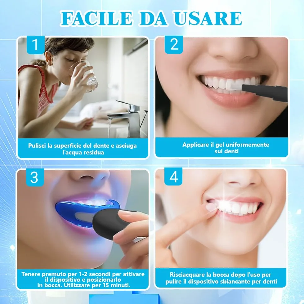 Kit Sbiancante Denti Professionale con Lampada 16 LED Blu,Quattro Penne Gel Sbiancante,Elimina le Macchie in 16 Minuti,con Applicazione Semplice e Veloce,Sicuro per lo Smalto
