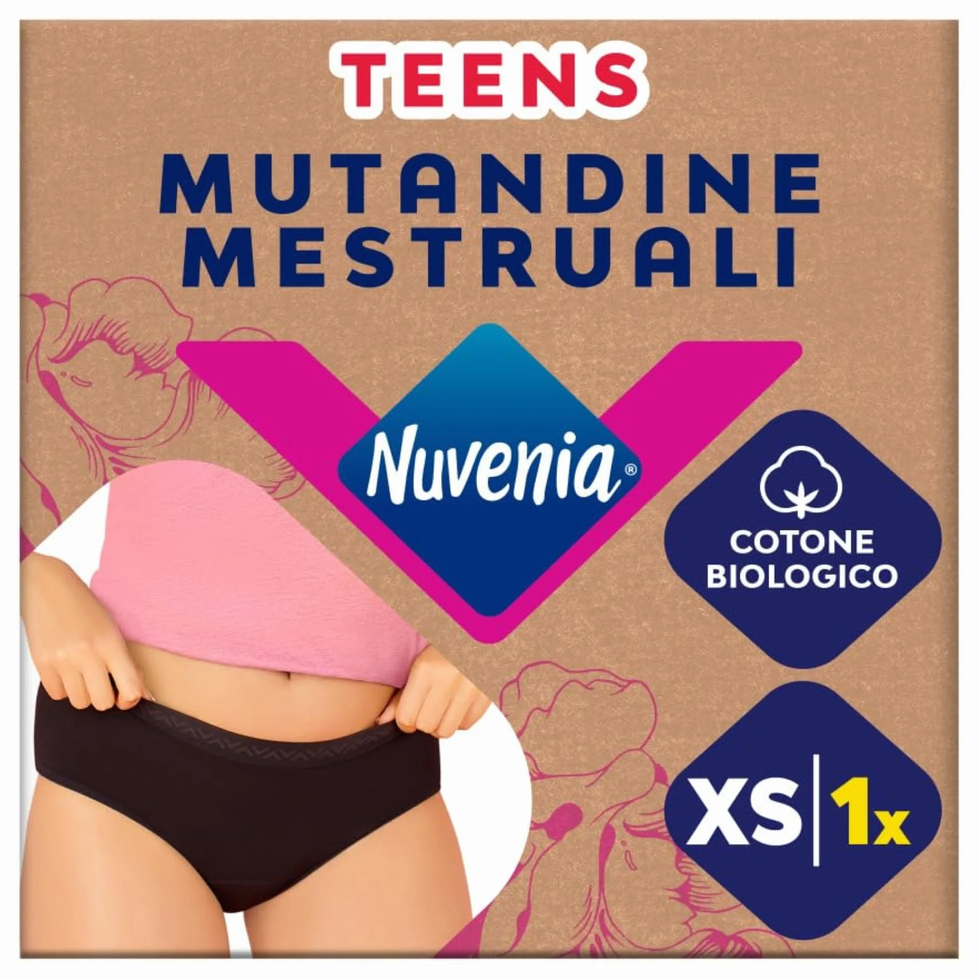 Nuvenia linea Teens, Mutandine Mestruali in cotone biologico, Lavabili e riutilizzabili con protezione integrata per Giorno e Notte, Flusso Abbondante, Colore Nero, Taglia XS, 1 confezione