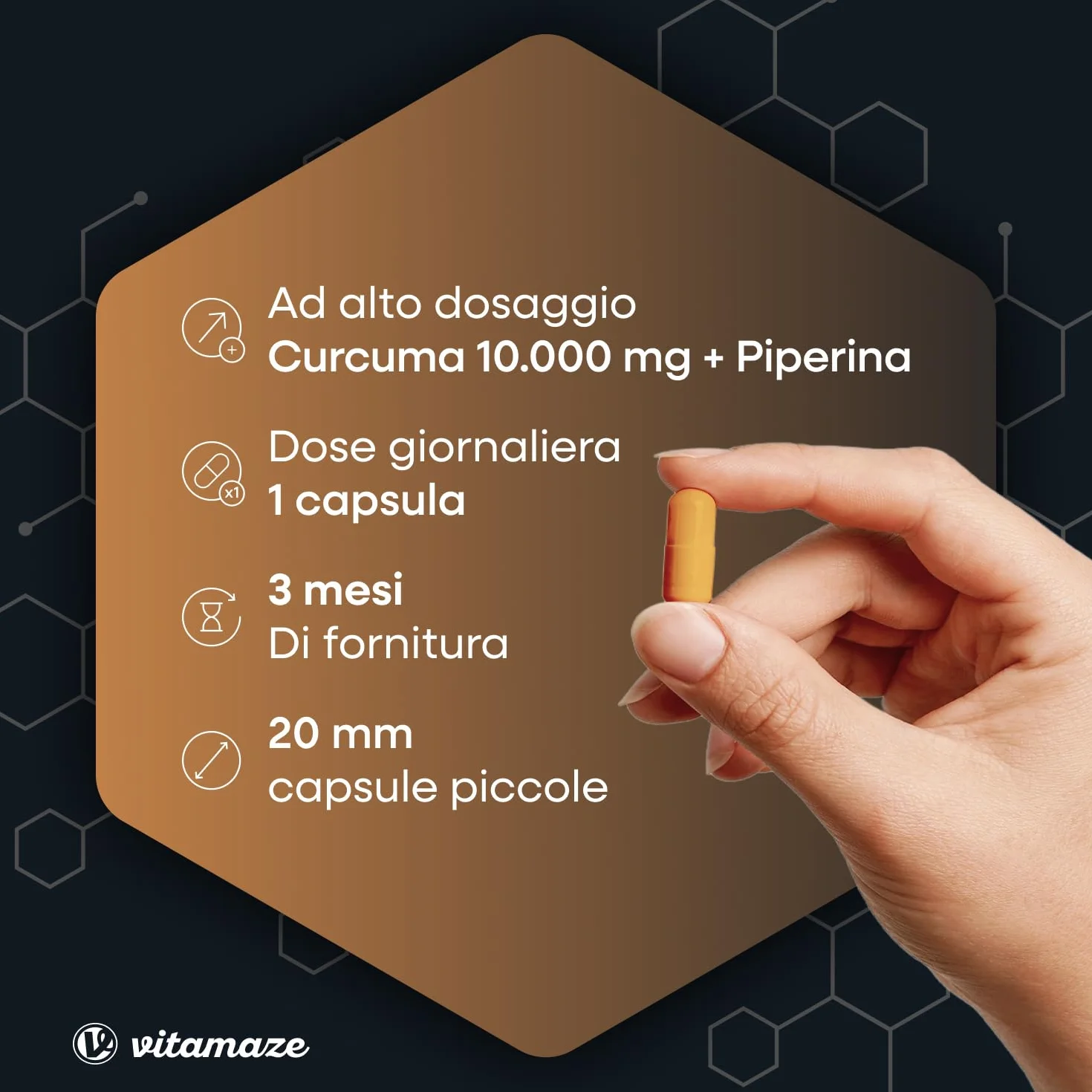 Curcuma Premium 10.000 mg ad Alto Dosaggio 95% Capsule con Curcumina e Piperina Bioattiva (Bioperine), 1 Capsula al Giorno per 3 Mesi, Senza Additivi, Prodotto in Germania, Vitamaze