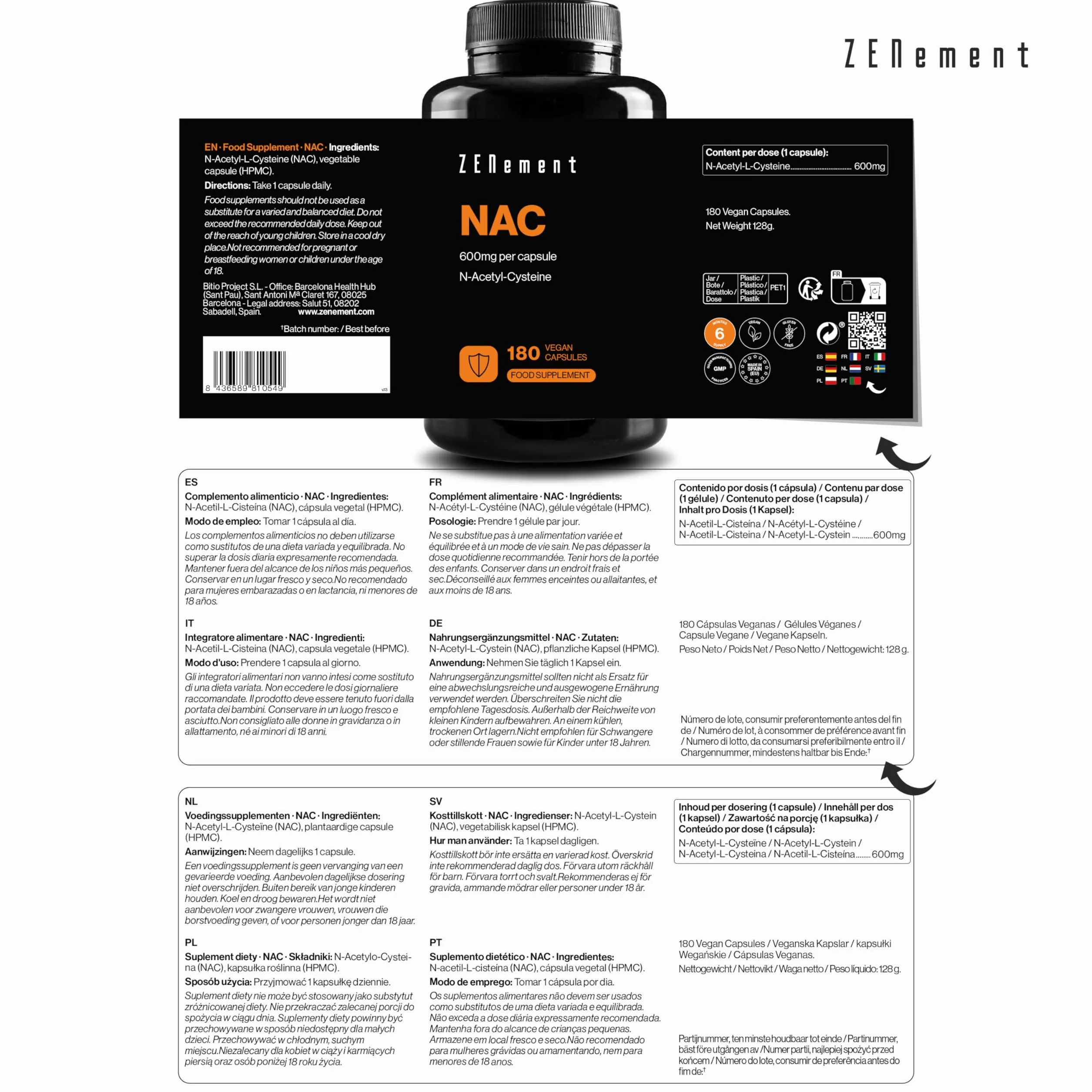 NAC N-Acetilcisteina 600 mg 180 Capsule Vegane Zenement