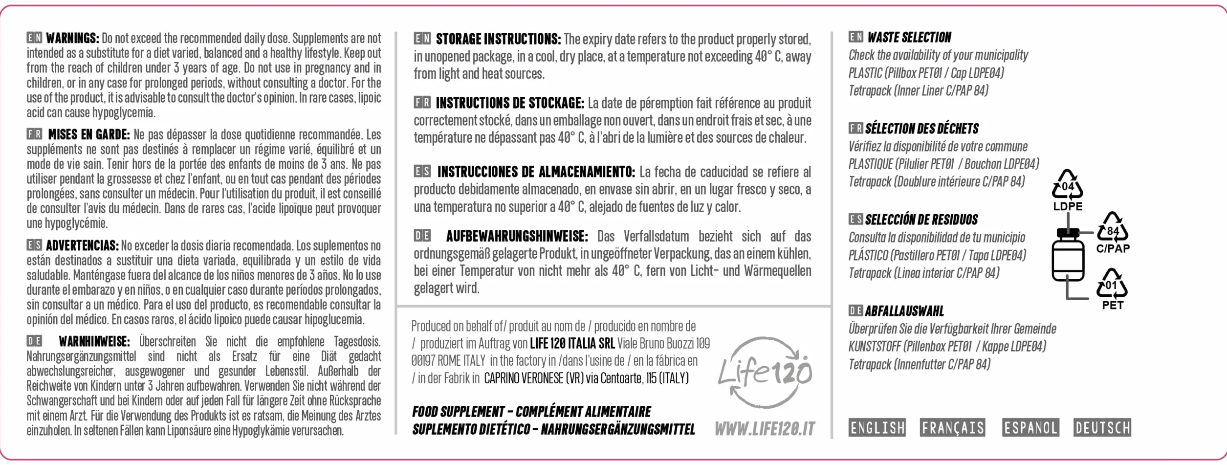 Life120 Aminoday 90 compresse Integratore alimentare aminoacidi Acido Alfa Lipoico