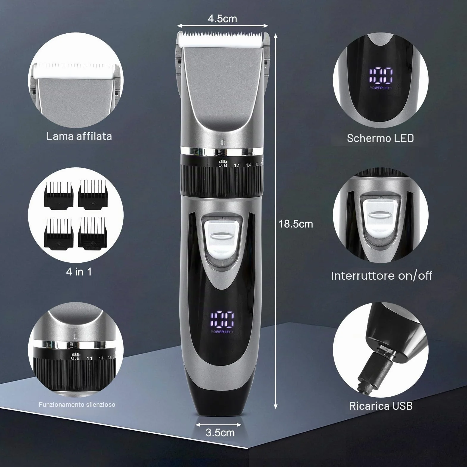 Cozary Rasoio Elettrico Barba, Macchinetta per Capelli, Tagliacapelli Uomo Professionale, Ricarica USB con Display a LED, 4 Pettini Guida, Senza Fili Trimmer, Regolabarba Uomo per Famiglia/Barbiere