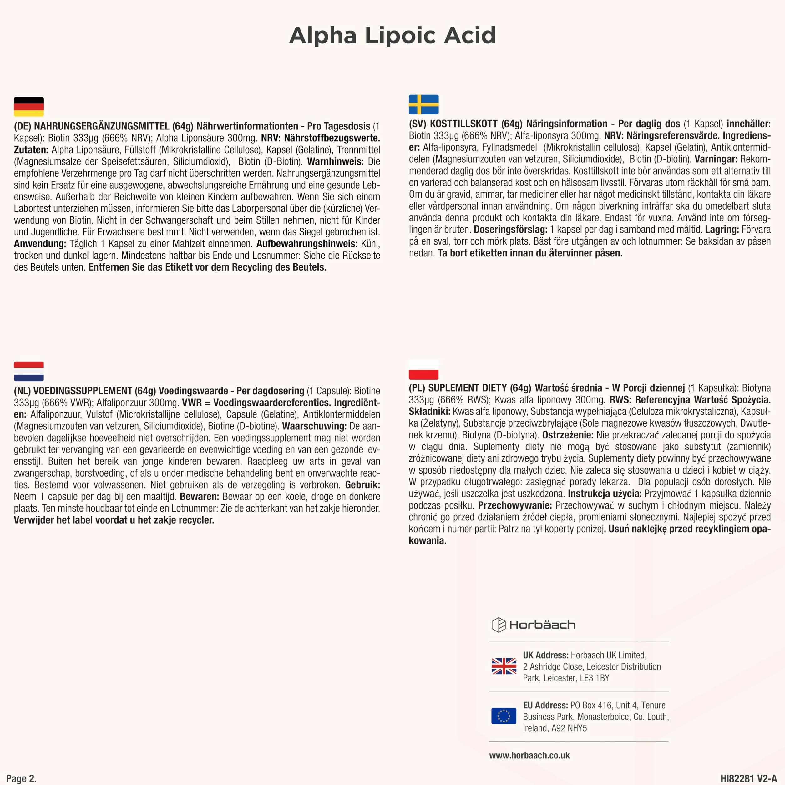 Horbaach Acido Alfa Lipoico 300ug Biotina 120 Capsule Alto Dosaggio Integratore Alimentare