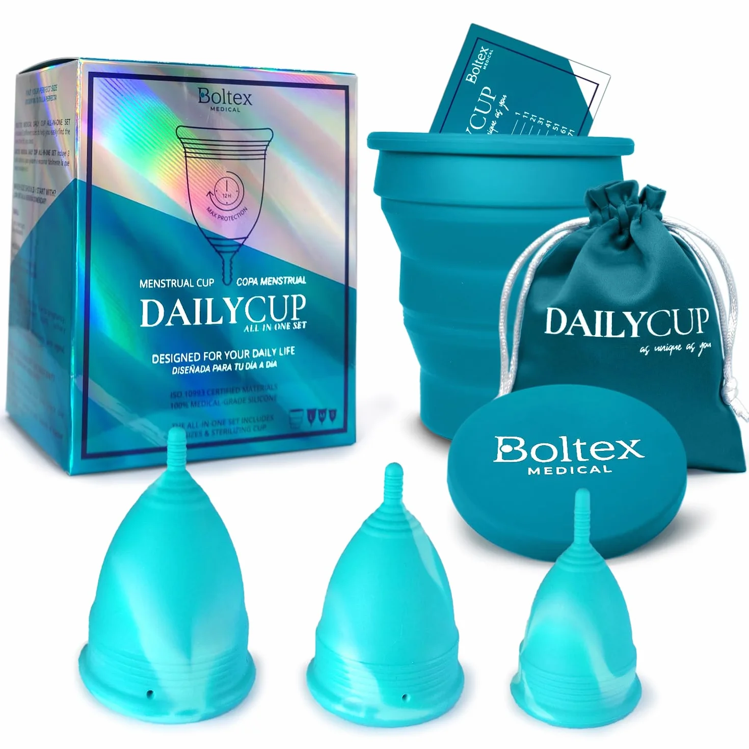 Coppetta Mestruale DAILY CUP ALL-IN-ONE SET di BOLTEX MEDICAL. Per il TUO COMFORT QUOTIDIANO. Include Sterilizzatore, 3 Coppette: Taglie S, M, L e Borsa