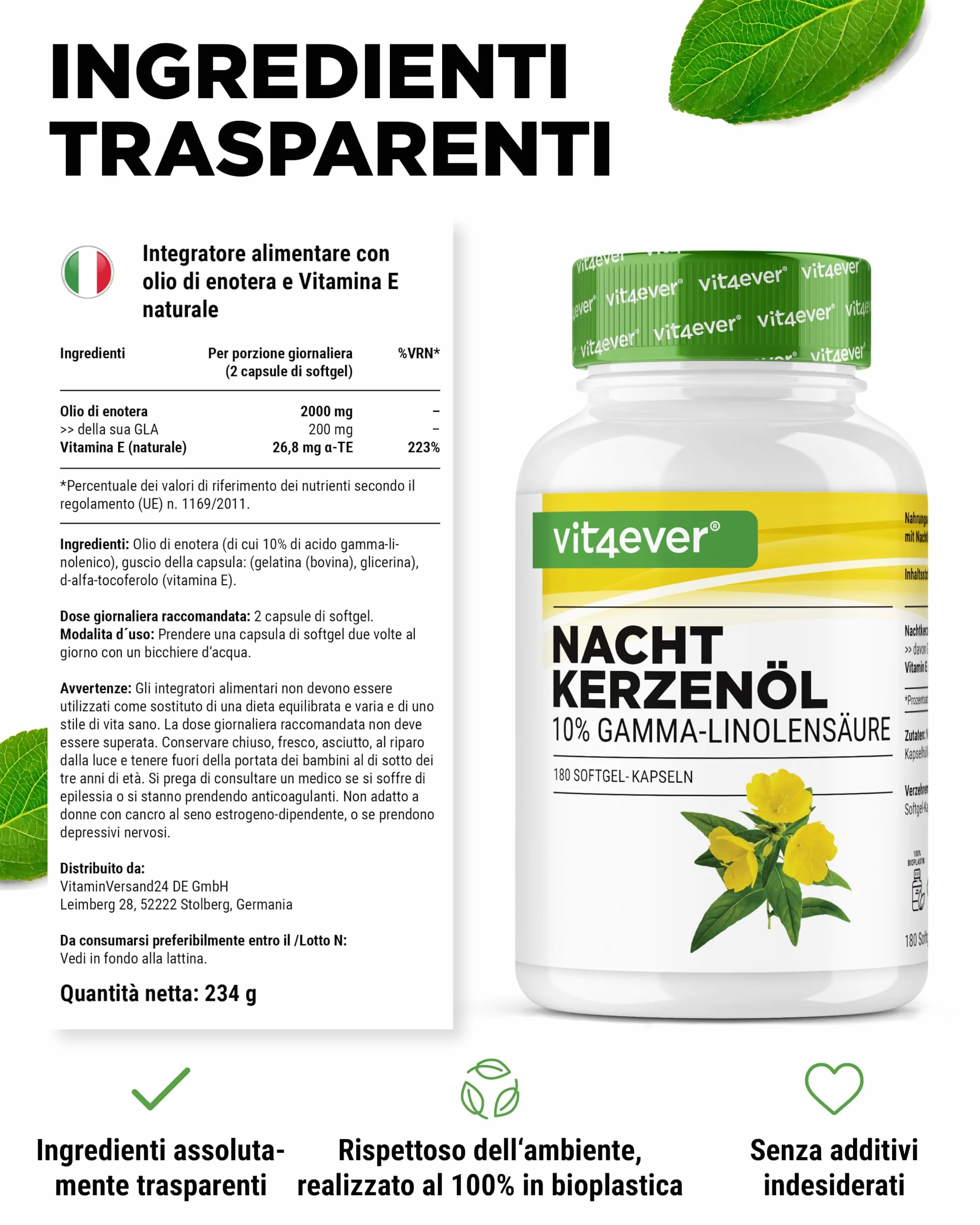 Olio di enotera 180 capsule 2000 mg per dose acido gamma-linolenico GLA 10% vitamina E pressato a freddo