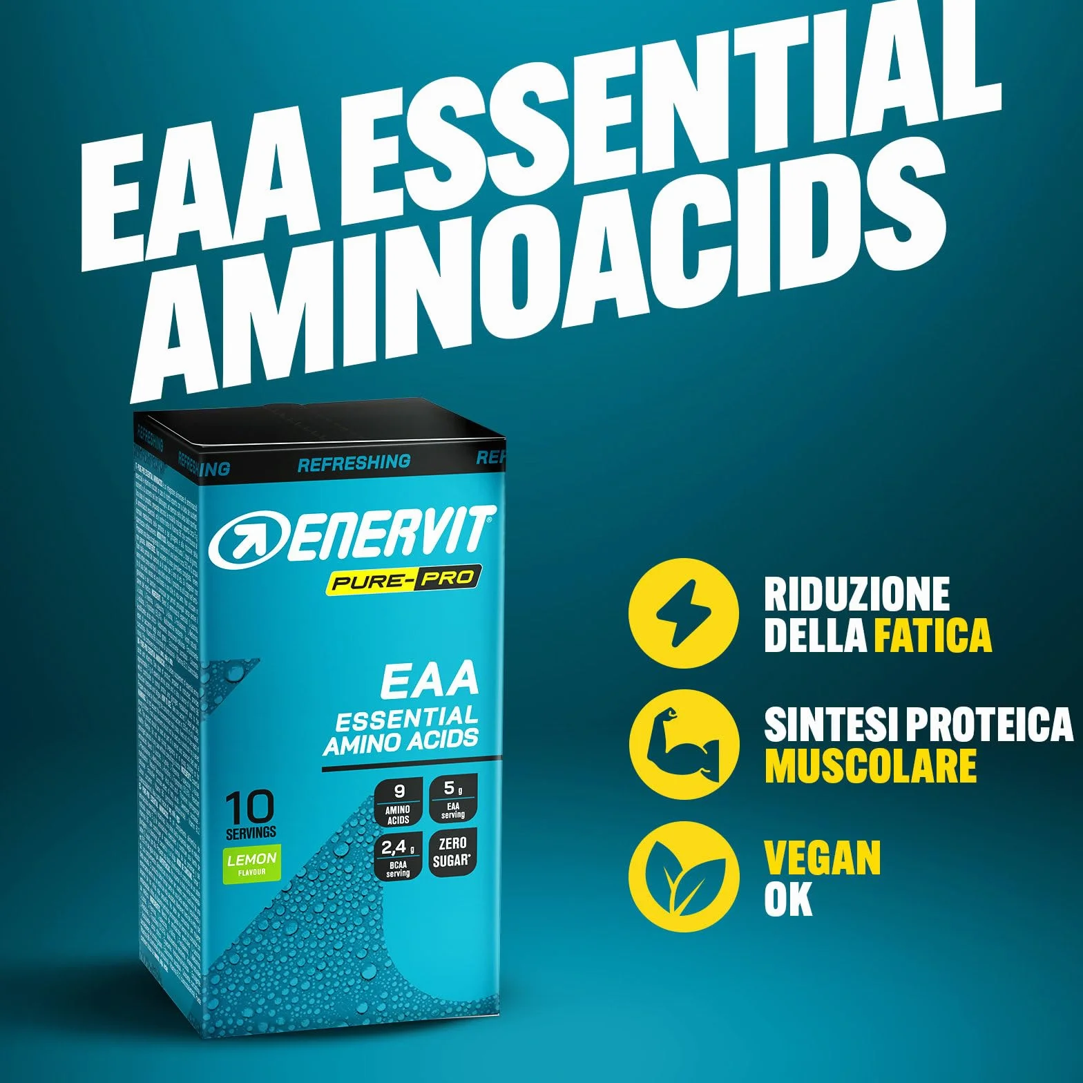 Enervit Pure-Pro Integratore di Aminoacidi Essenziali in Polvere, 5g EAA per Dose, 2.4g BCAA, Vitamine B6 e B12, Plant-Based, Riduzione Stanchezza, Durante e Post Workout, Vegan, 10 Bustine da 10g