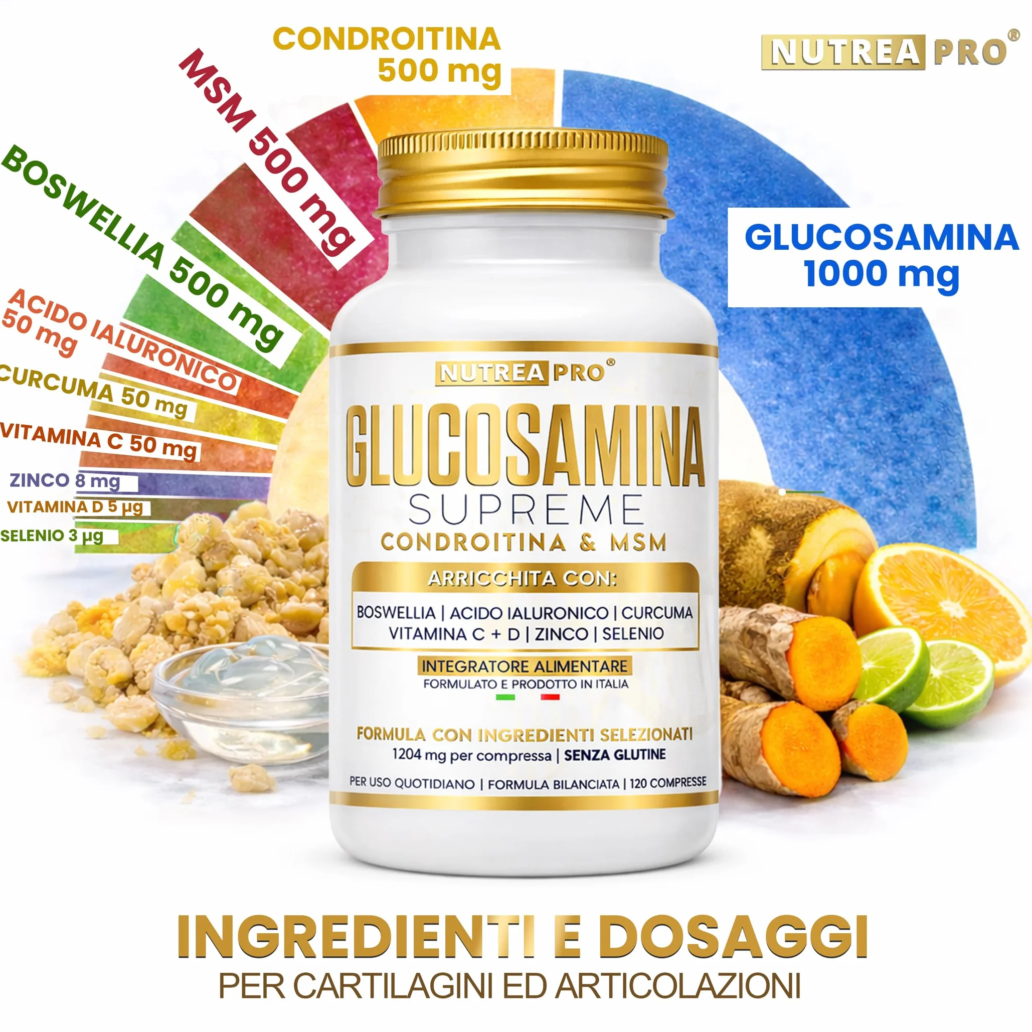 Glucosamina Condroitina MSM NUTREA PRO® | Formula Complex 2408 mg con Boswellia Serrata | 1000mg Glucosamina, 500mg Condroitina, 500mg MSM | integratore articolazioni e Mobilità | 120 Cps ITA