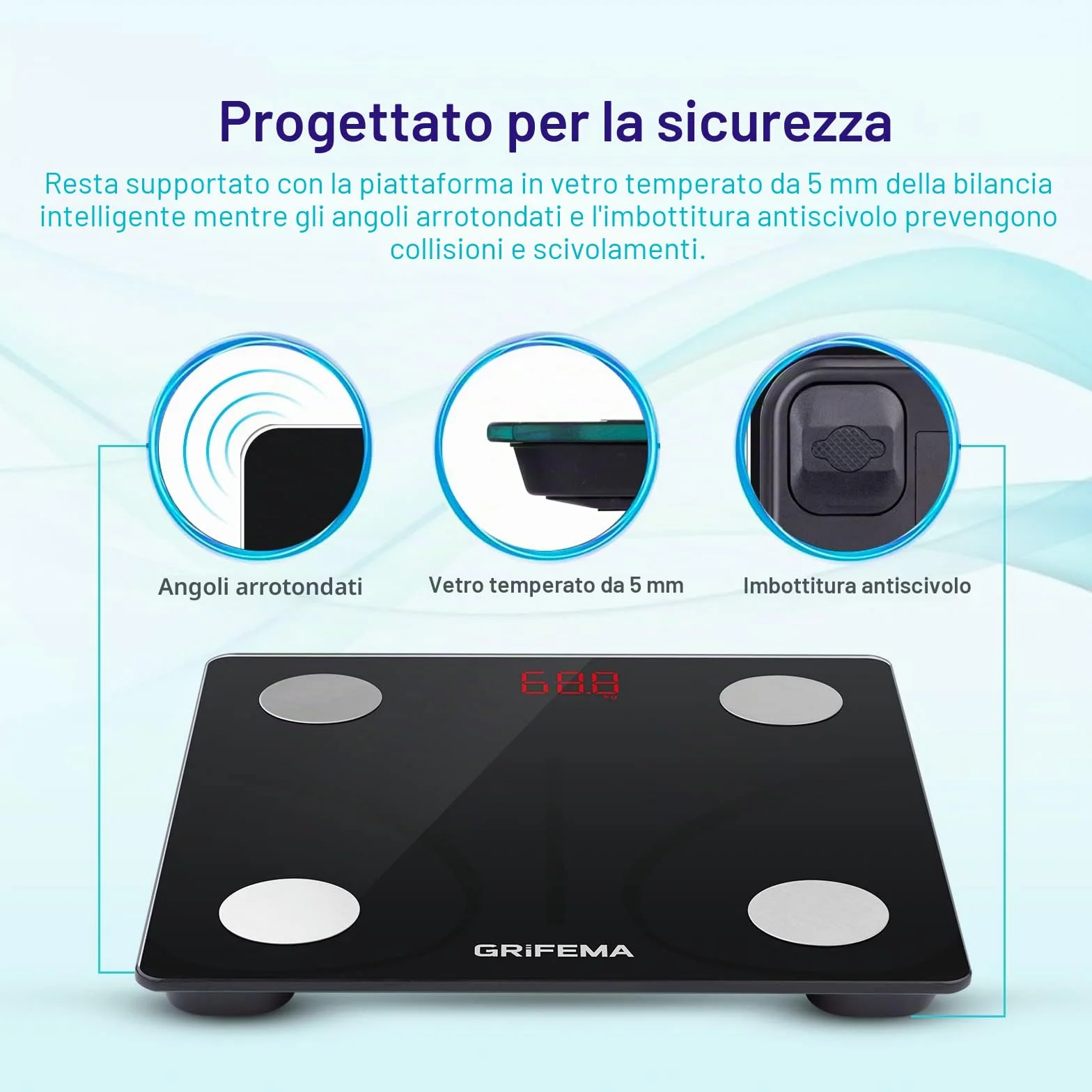GRIFEMA Bilancia Digitale Bluetooth con App, Analisi Massa Muscolare e Grasso Corporeo, BMI, Proteine, Nera