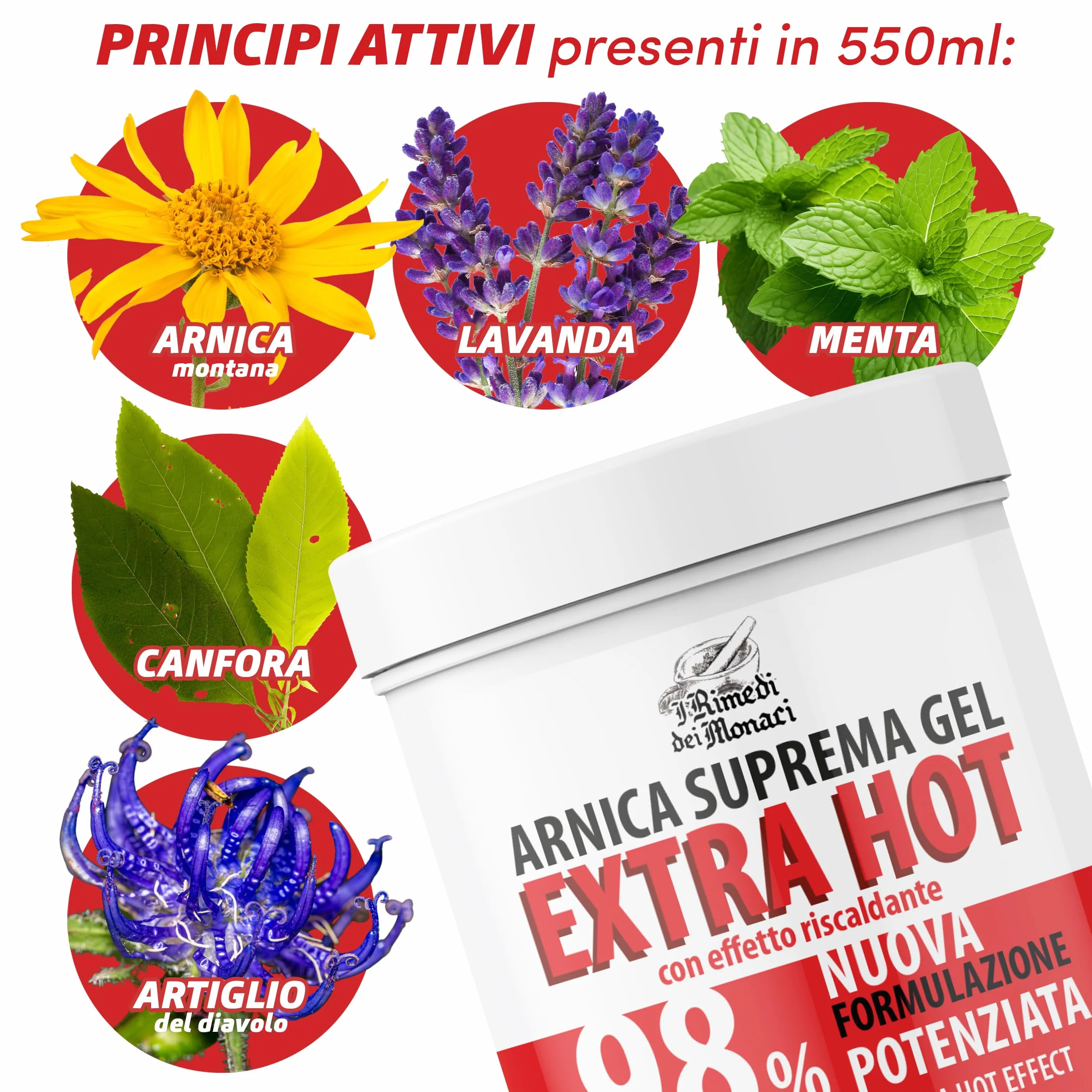 ARNICA SUPREMA GEL 98% SUPER HOT, 2x550ml, Extra Forte Crema Riscaldante, Muscoli e Articolazioni