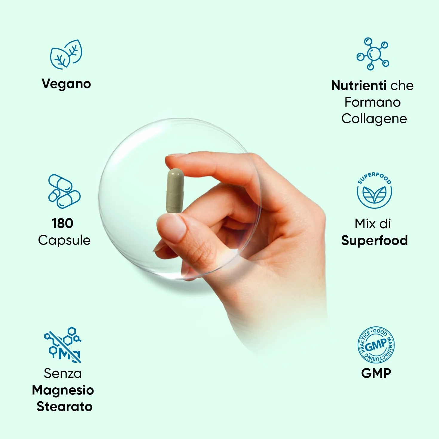 Collagene Vegano con Acido Ialuronico 180 Capsule, Vitamina C, Zinco, Resveratrolo, MSM, Rosa Canina, Lactobacillus Acidophilus