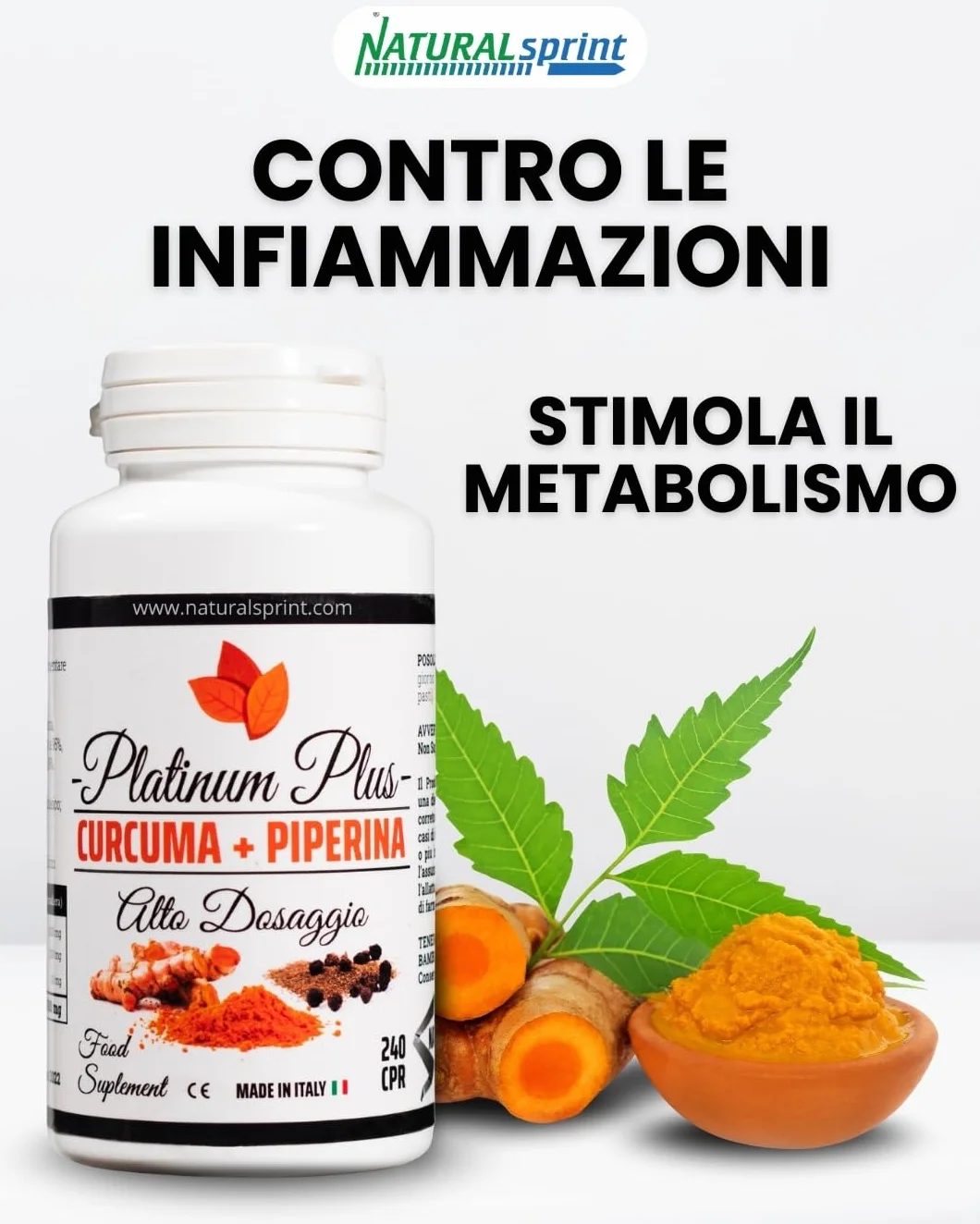 Curcuma + Piperina Platinum Plus 240 Compresse Naturali Made in Italy
