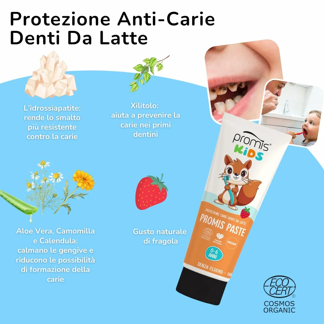 PROMIS Paste Kids 0–6 Anni, Senza Fluoro, Bio, Fragola e Sicuro Se Ingerito | Dentifricio con idrossiapatite anti-carie, formula delicata per l’igiene quotidiana dei denti da latte.