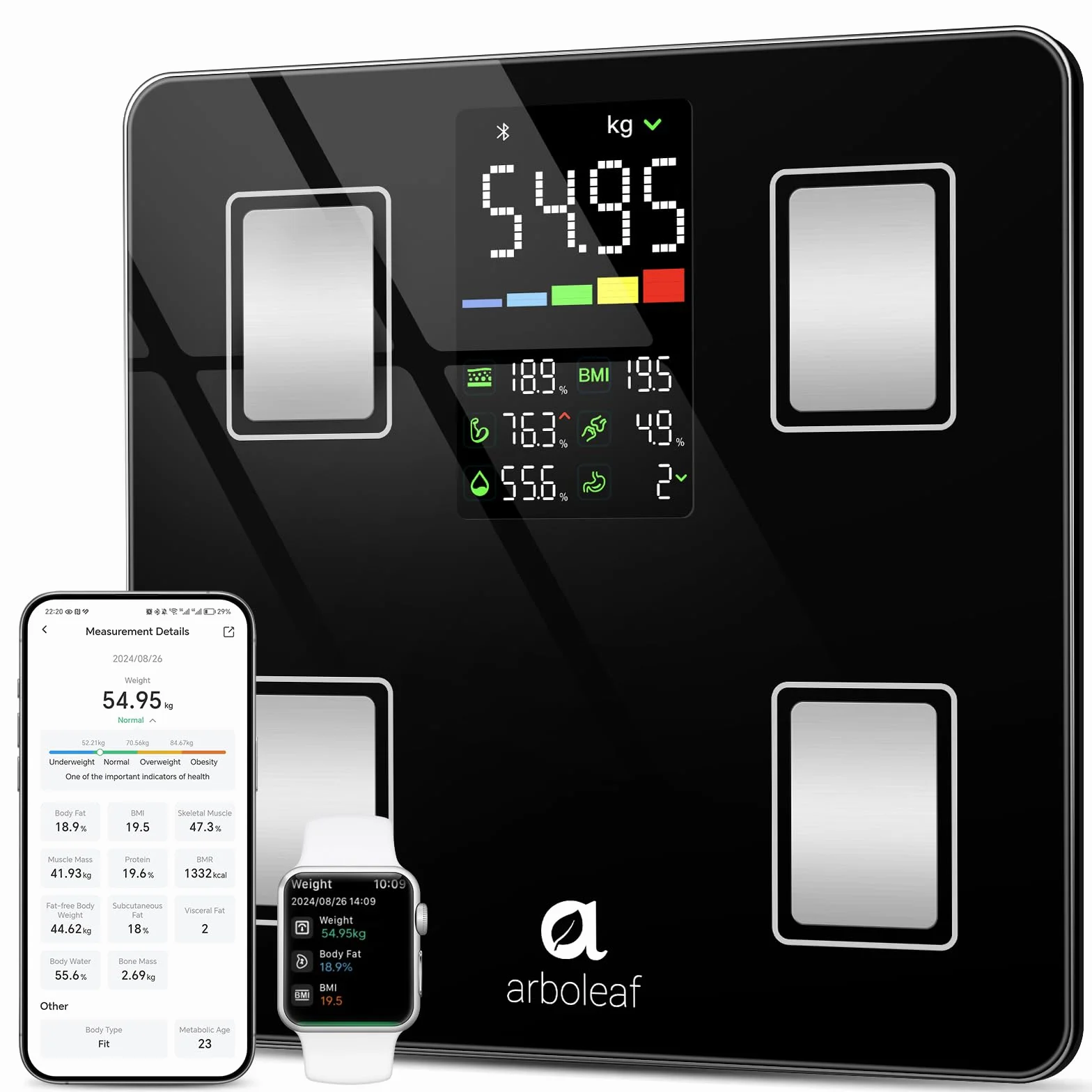 arboleaf Bilancia per il peso corporeo, bilancia da bagno Bluetooth con Smart APP, bilancia pesapersone digitale ad alta precisione per BMI, analizzatore di composizione corporea 14, 400lb/180kg