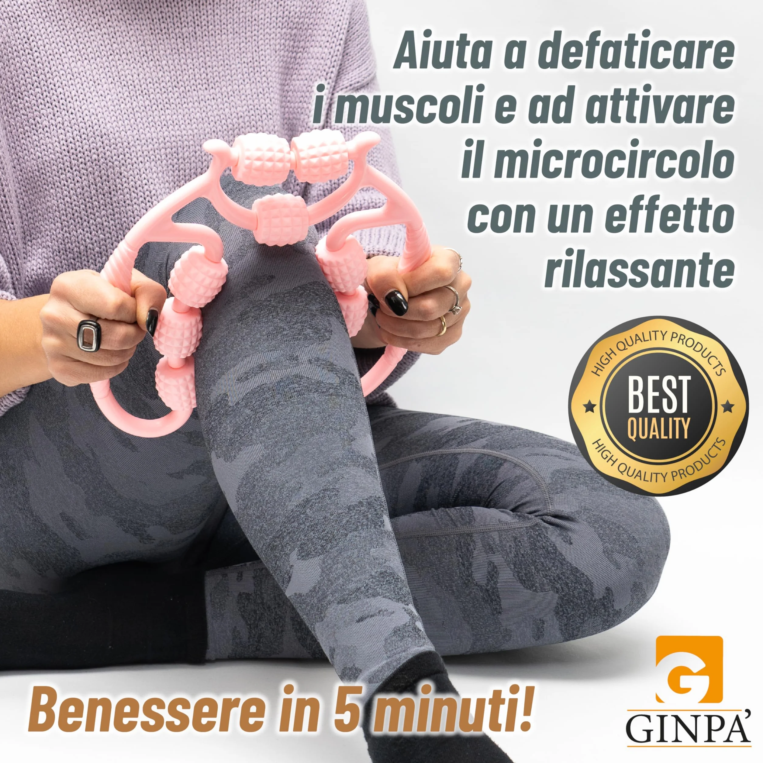 Rullo Anticellulite Manuale a 9 Ruote GINPA' – E-Book incluso - Massaggiatore Gambe, Cosce e Glutei – Massaggio Muscolare Profondo – Forma Ergonomica in ABS Resistente – Anti-Lividi, Facile da Usare