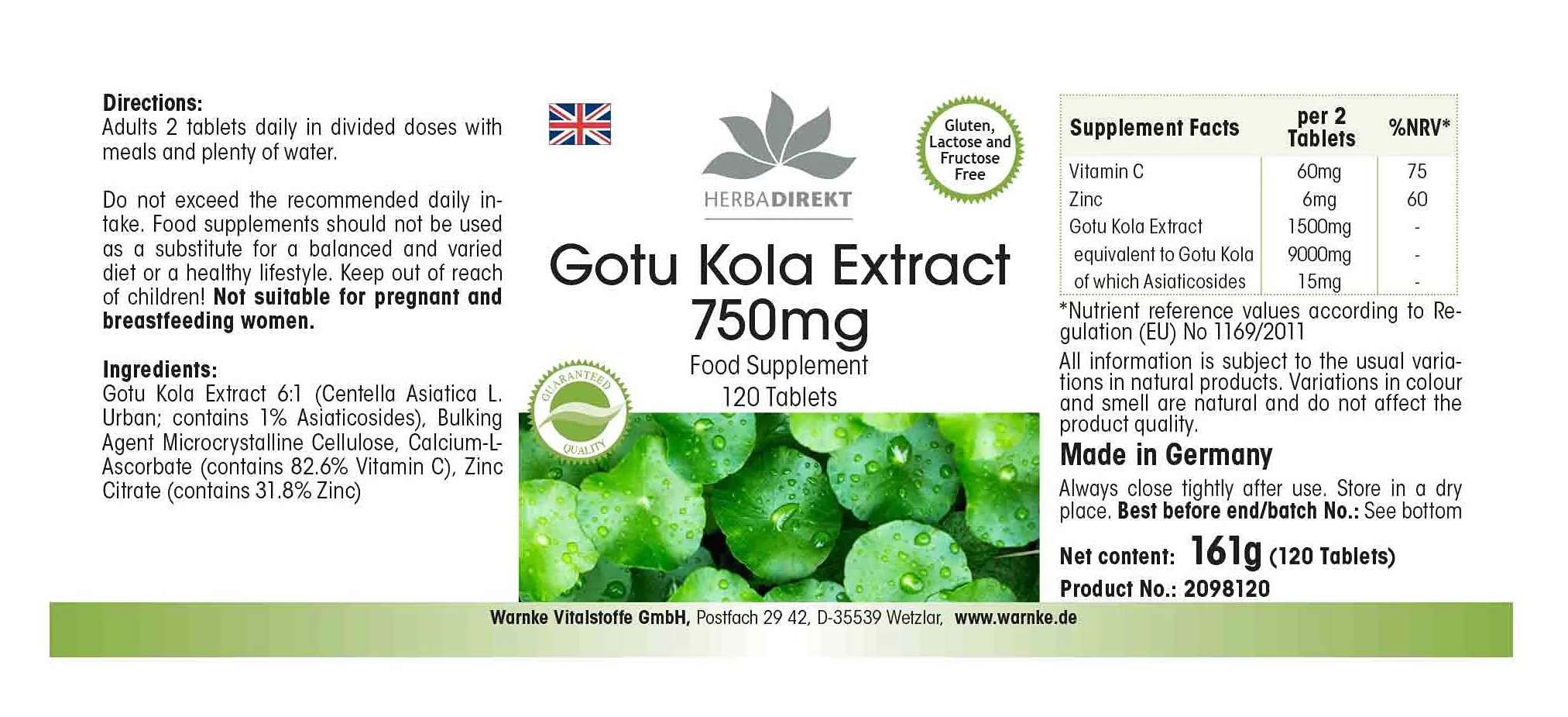 Gotu Kola 750mg estratto ad alto dosaggio con zinco e vitamina C 120 compresse vegan HERBADIREKT by Warnke Vitalstoffe