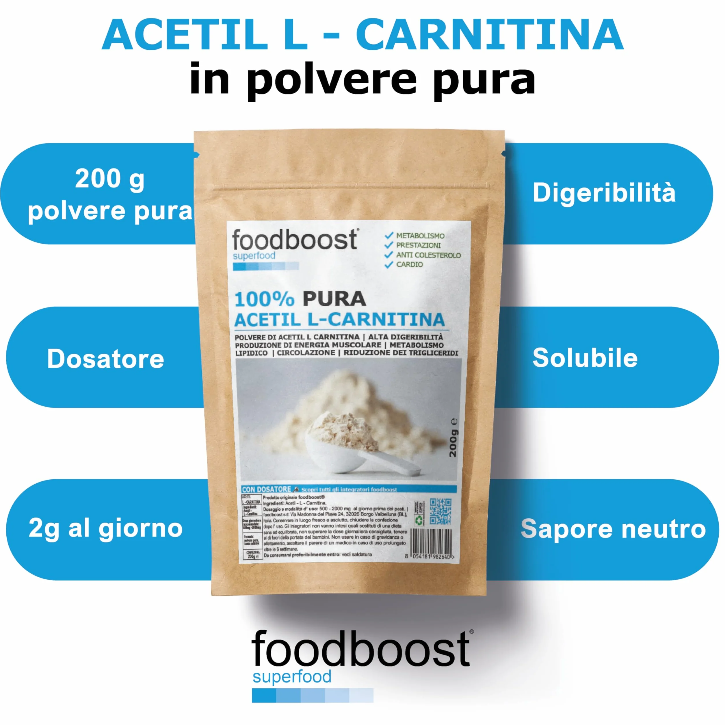 Acetil L-Carnitina pura in polvere 200g senza additivi per dimagrimento bruciagrassi pre workout 100 dosi