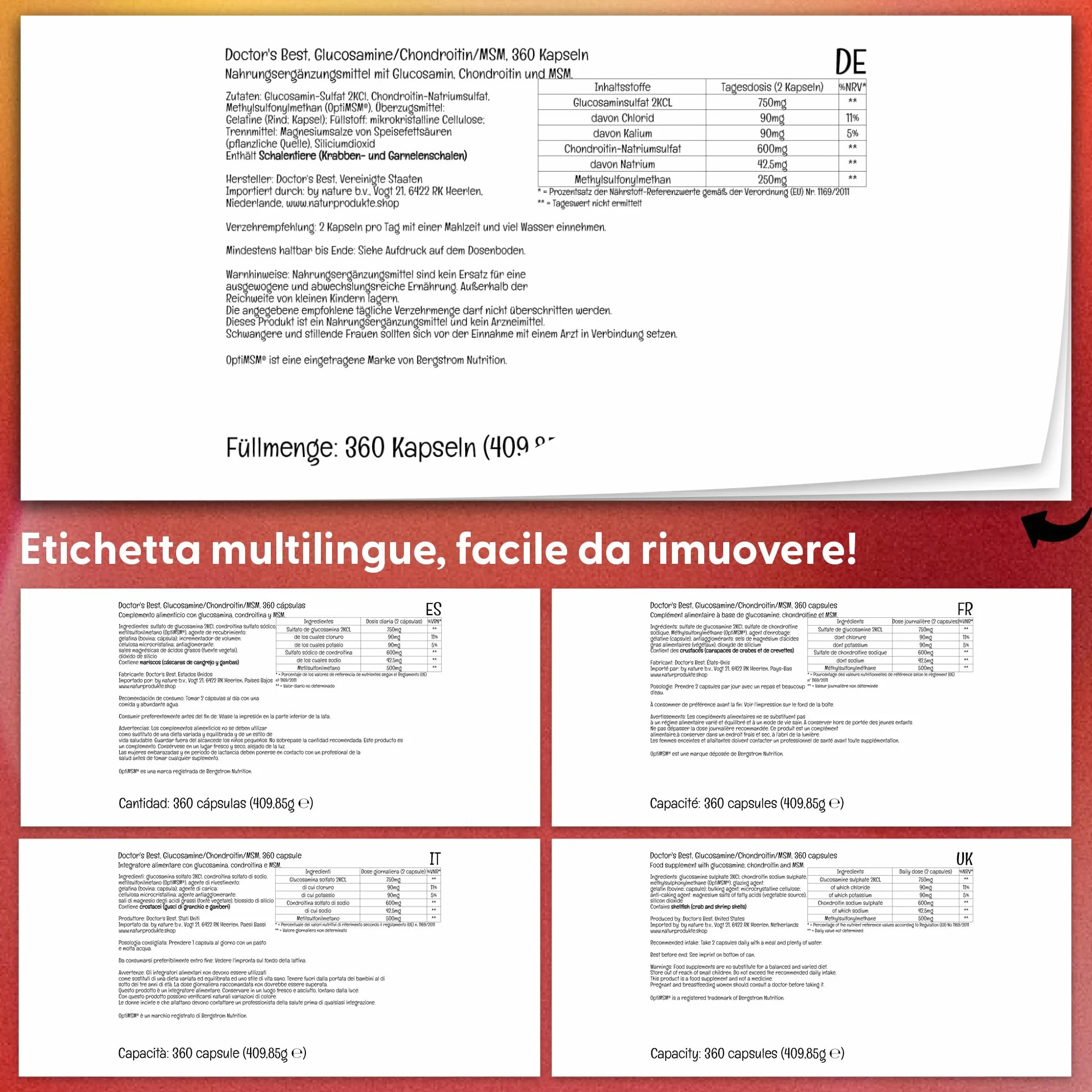 Doctor's Best, Glucosamina-Condroitina MSM, con OptiMSM, 360 Capsule, Testato in Laboratorio, Senza Soia, Senza Glutine, Non OGM
