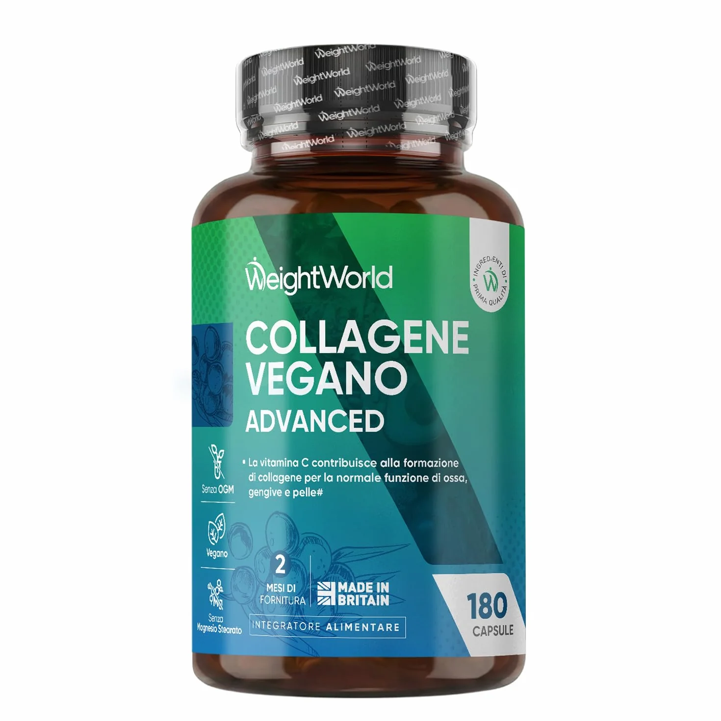 Collagene Vegano con Acido Ialuronico 180 Capsule, Vitamina C, Zinco, Resveratrolo, MSM, Rosa Canina, Lactobacillus Acidophilus