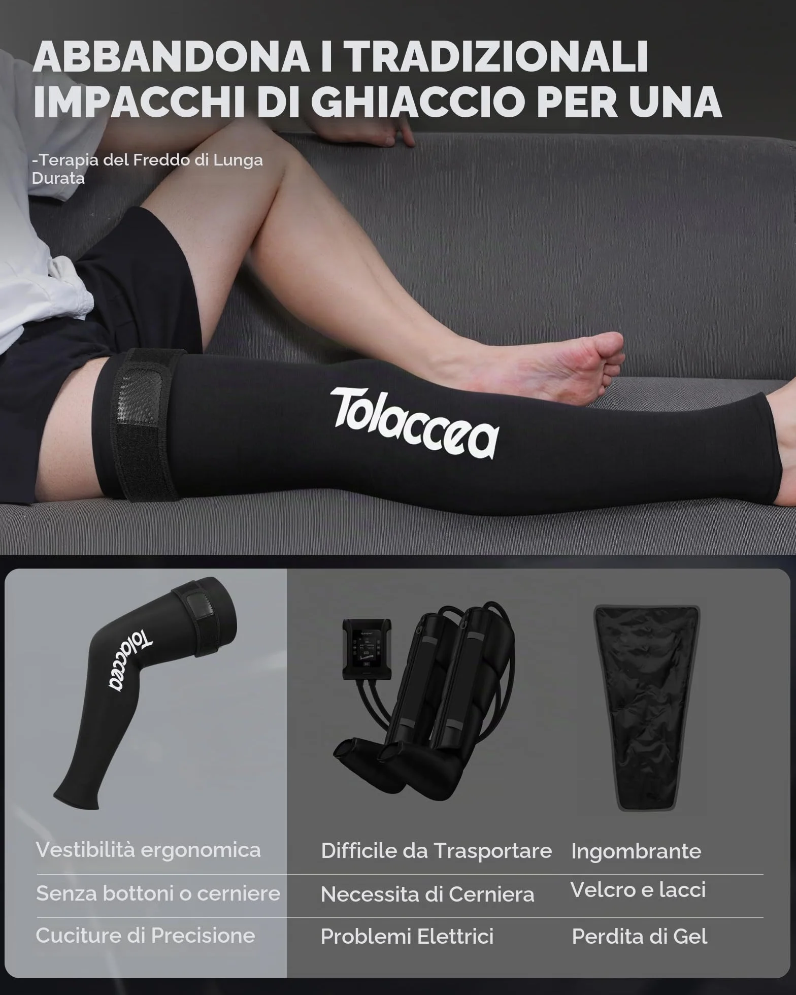 Tolaccea Impacco Ghiaccio per Gamba Intera con Copertura 360° – Fascia con Gel Riutilizzabile per Sollievo dal Dolore e Recupero Muscolare – per Piede, Polpaccio, Coscia, Ginocchio e Tibia(L)