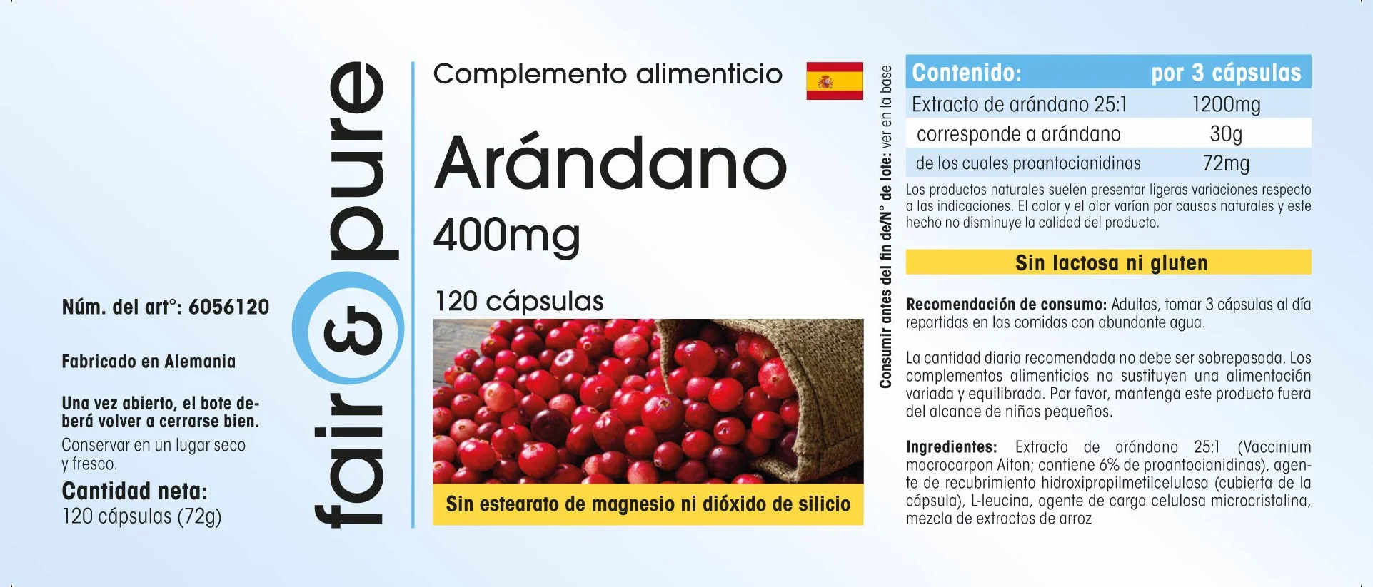 Fair & Pure ® Estratto di Mirtillo rosso 400mg - Estratto di Cranberry 30.000 mg (30g) - Vegan - 120 Capsule