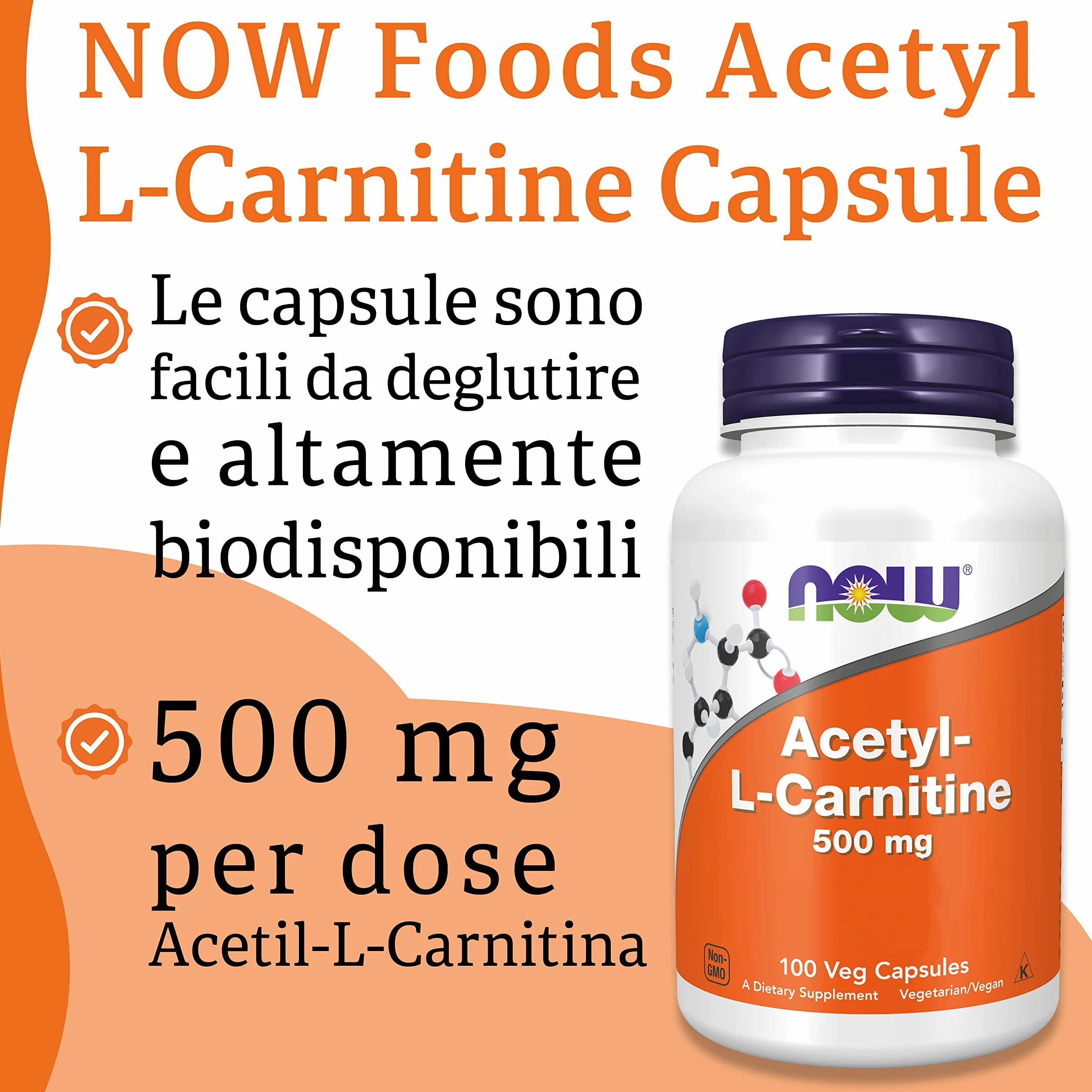 Now Foods Acetyl-L-Carnitine 500 mg 100 Capsule Vegane Aminoacido